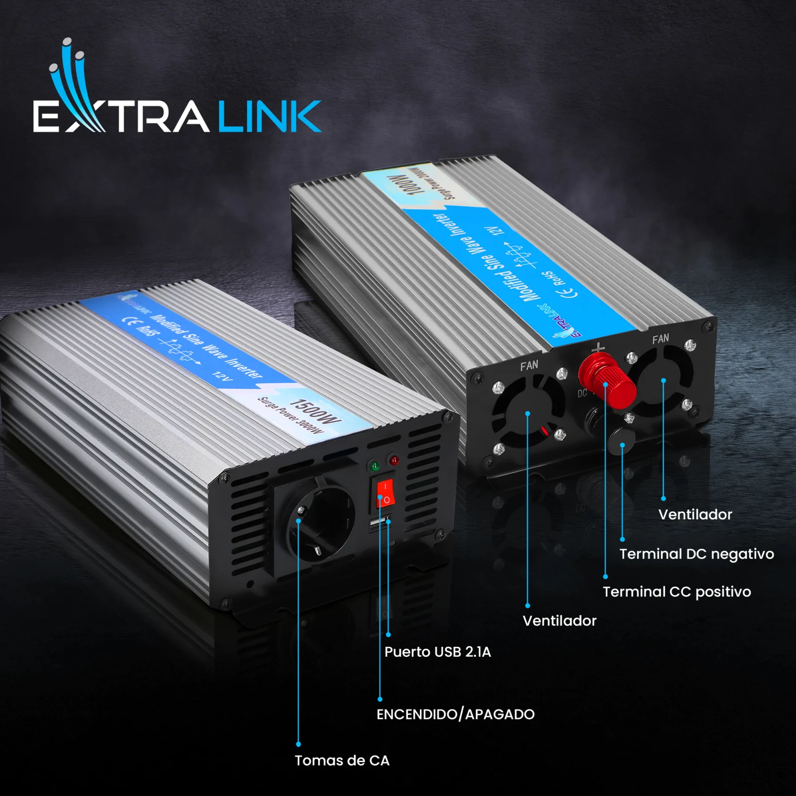 Extralink OPIM-1500W | Convertidor de tensión | automoción 12V, 1500W onda sinusoidal modificada