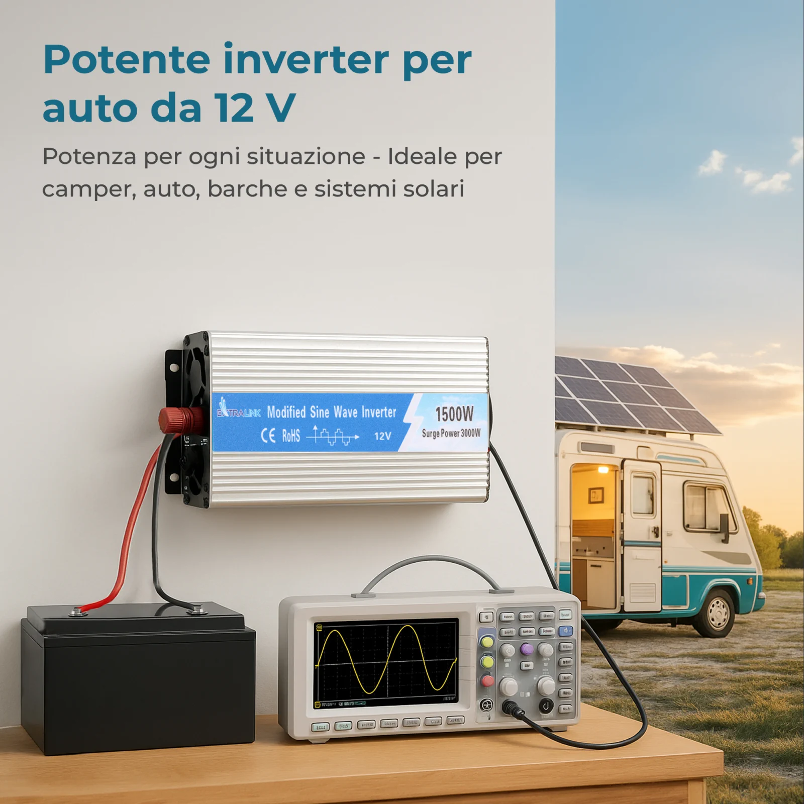 CONVERTITORE DI TENSIONE EXTRALINK 12V - 230V, 1500W, SINUSOIDALE MODIFICATO OPIM-1500W