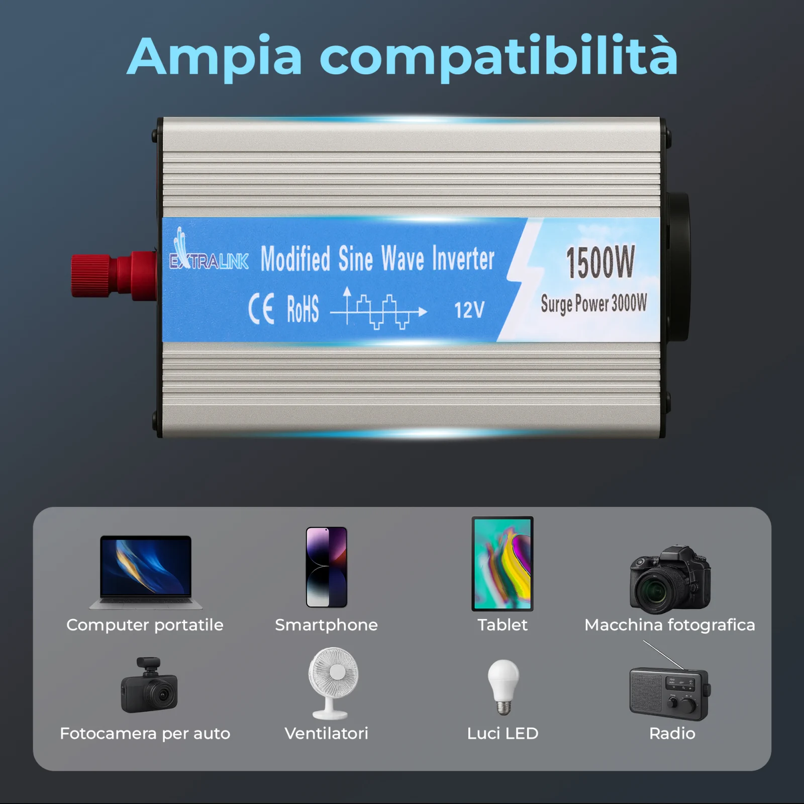 Extralink OPIM-1500W | Convertitore di tensione | automotive 12V, 1500W onda sinusoidale modificata