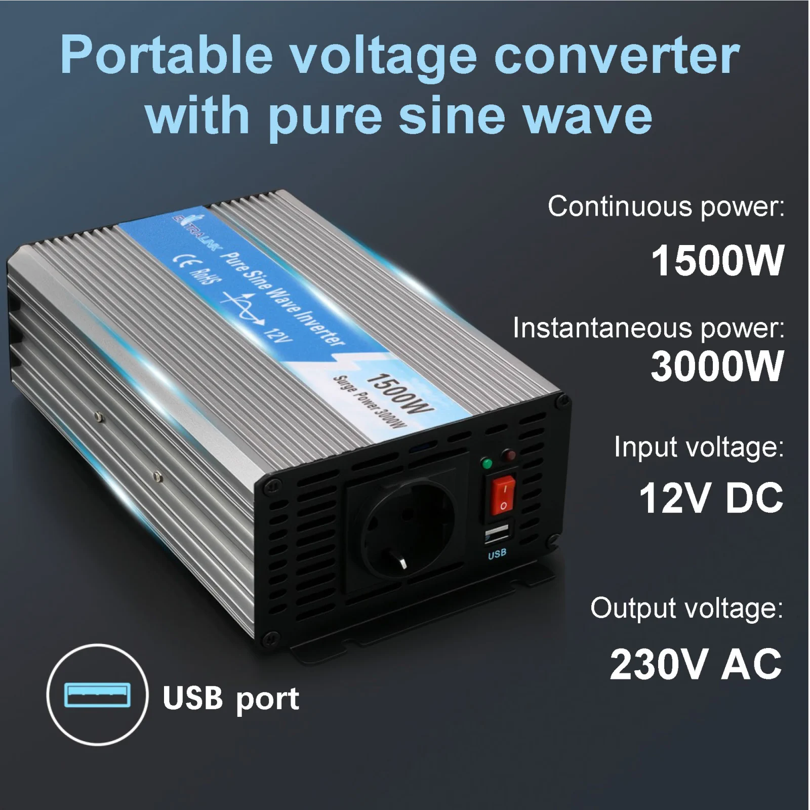 EXTRALINK VOLTAGE CONVERTER 12V - 230V, 1500W, PURE SINUS OPIP-1500W