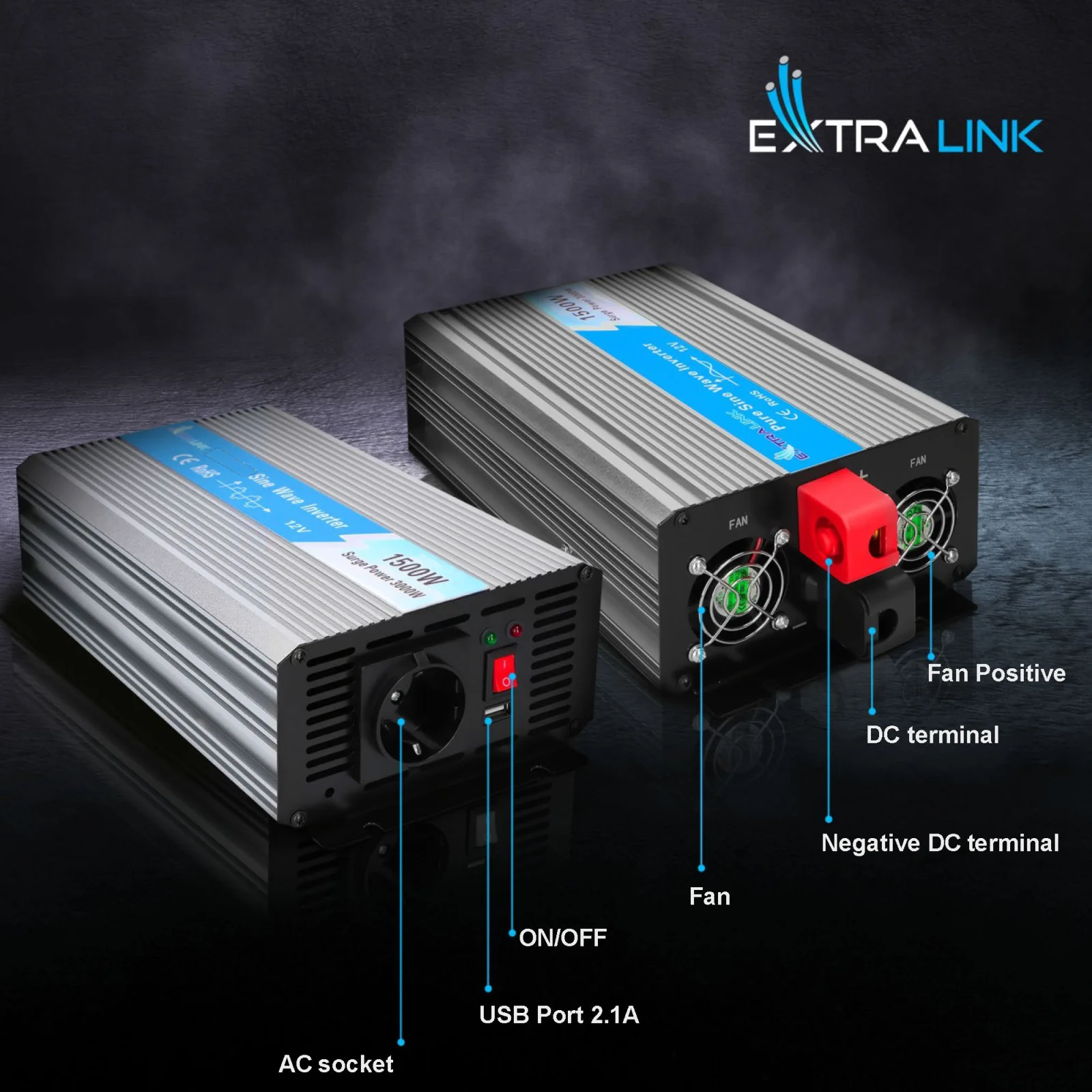 Extralink OPIP-1500W | Przetwornica napięcia | samochodowa 12V, 1500W czysty sinus