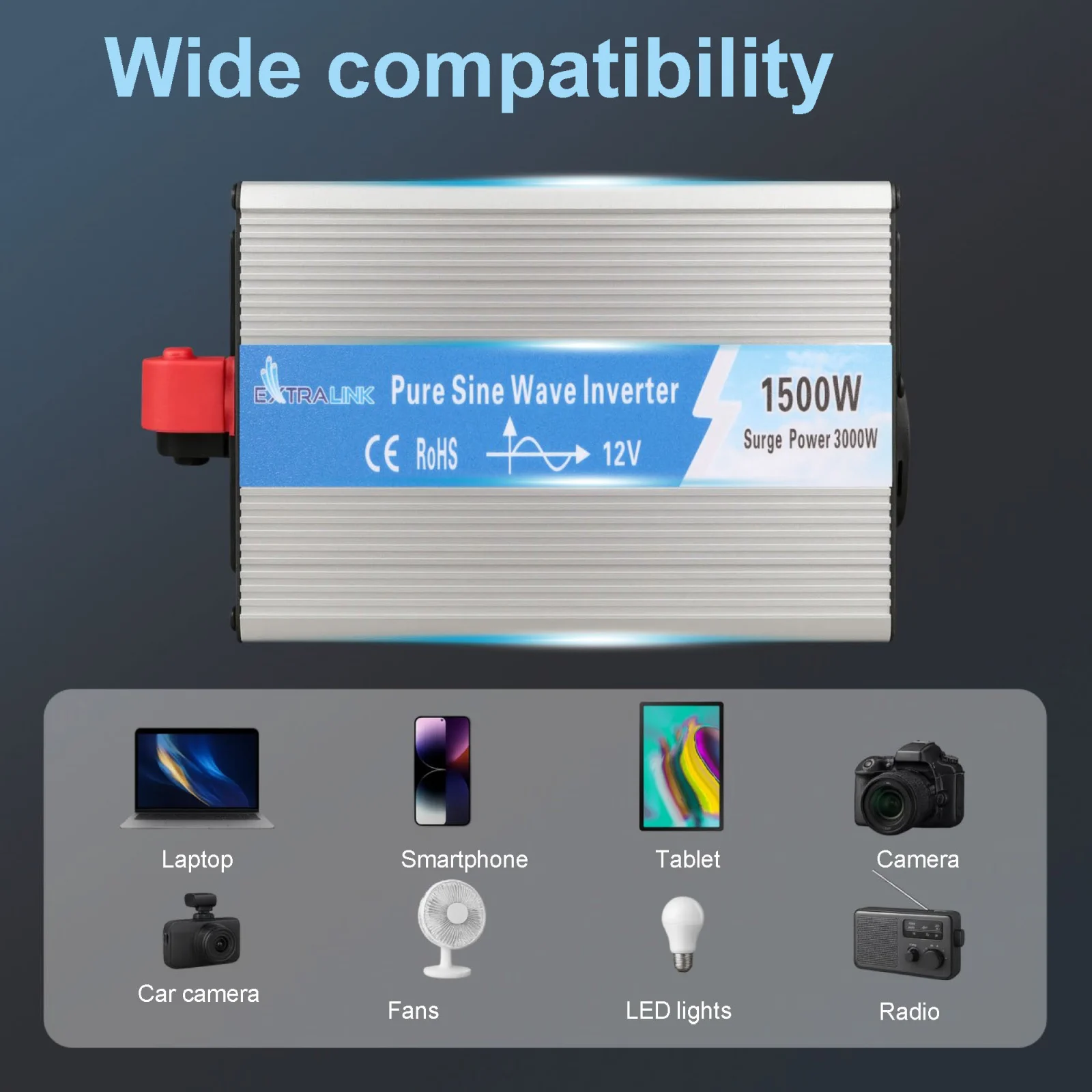 Extralink OPIP-1500W | Przetwornica napięcia | samochodowa 12V, 1500W czysty sinus