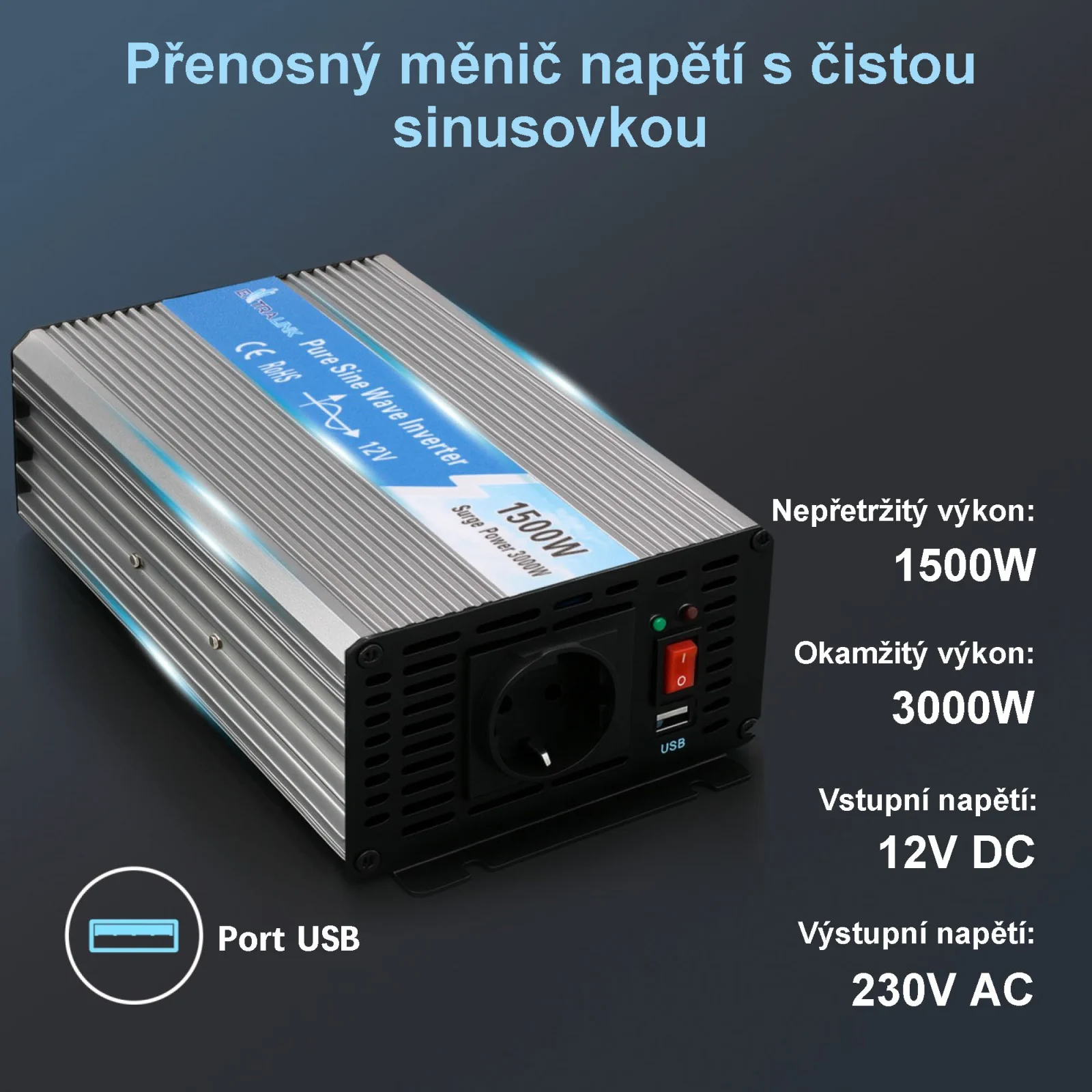 EXTRALINK MĚNIČ NAPĚTÍ 12V - 230V, 1500W, PURE SINUS OPIP-1500W