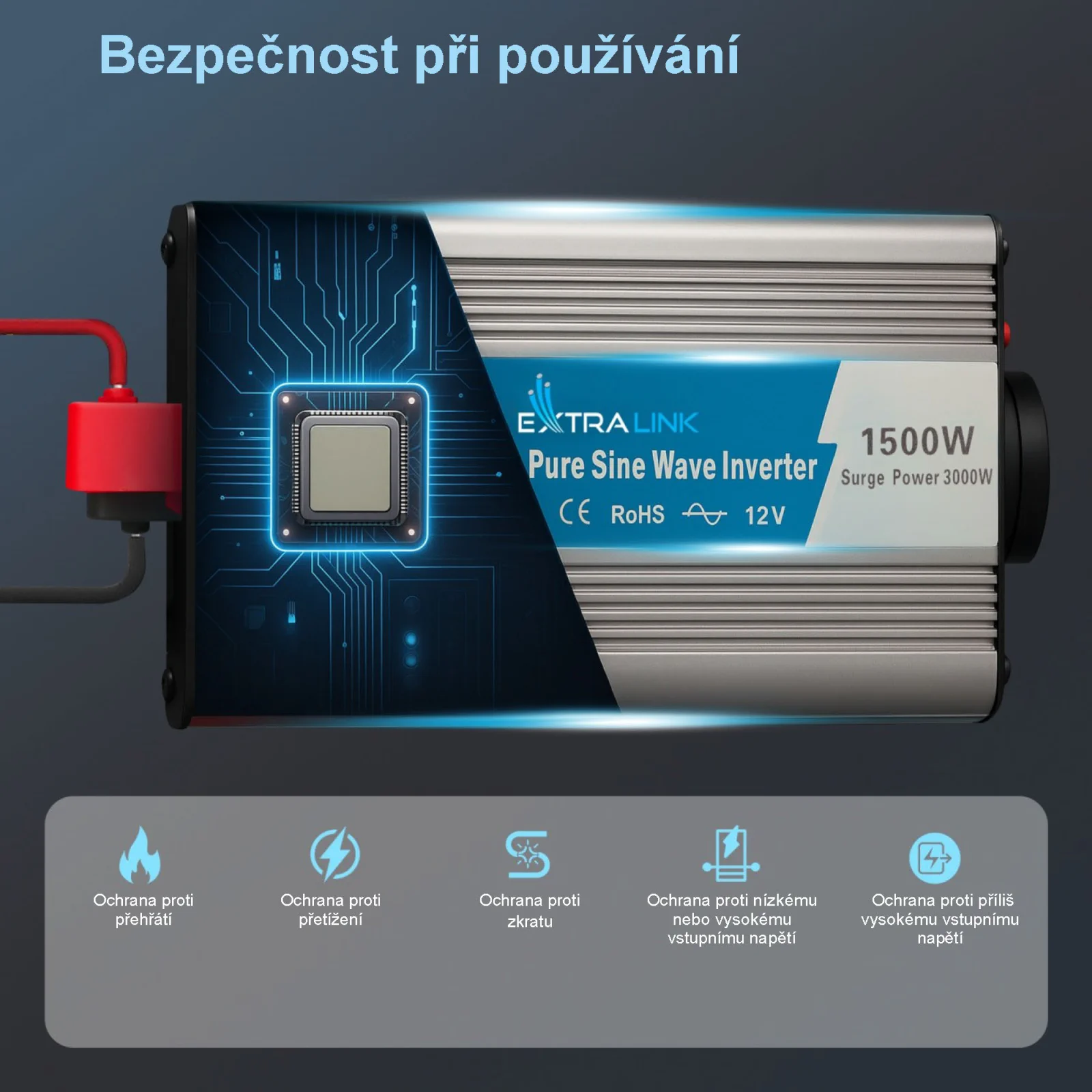 EXTRALINK MĚNIČ NAPĚTÍ 12V - 230V, 1500W, PURE SINUS OPIP-1500W