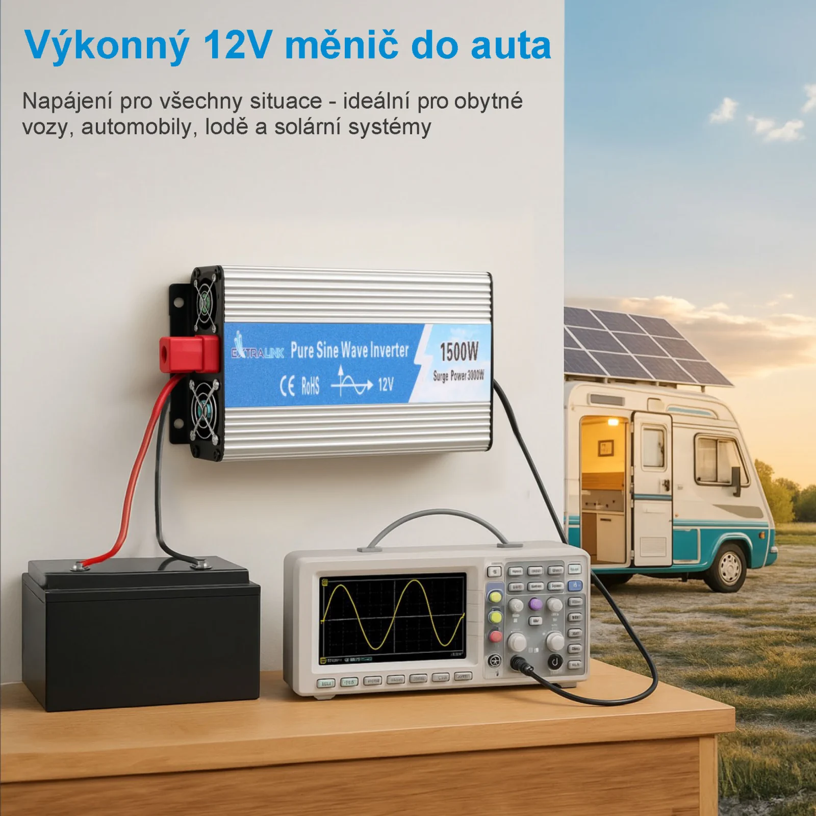 EXTRALINK MĚNIČ NAPĚTÍ 12V - 230V, 1500W, PURE SINUS OPIP-1500W
