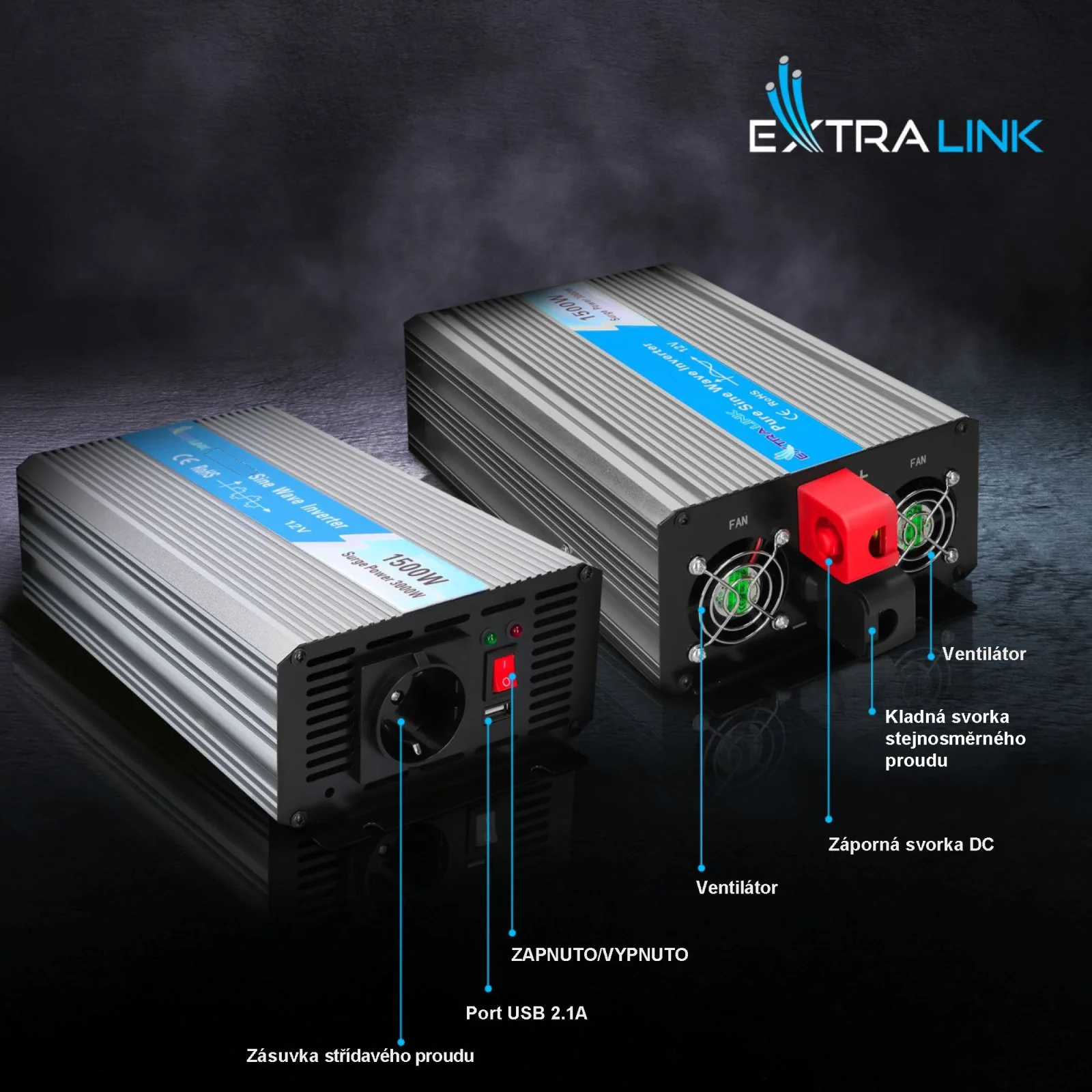 Extralink OPIP-1500W | Měnič napětí | automobilový 12V, 1500W čistá sinusovka