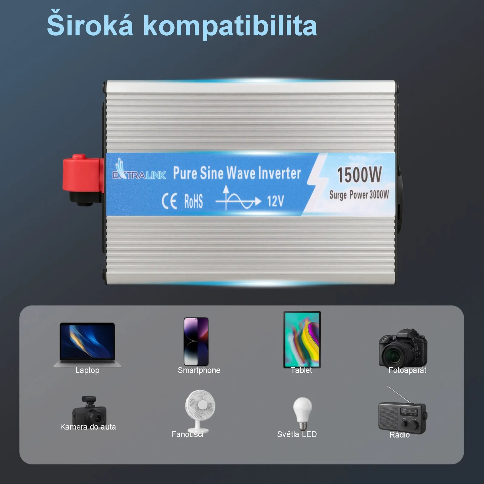 Extralink OPIP-1500W | Měnič napětí | automobilový 12V, 1500W čistá sinusovka