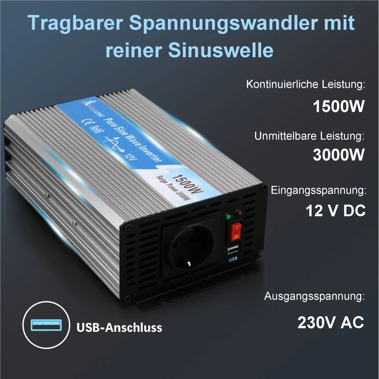 EXTRALINK SPANNUNGSWANDLER 12V - 230V, 1500W, REINER SINUS OPIP-1500W