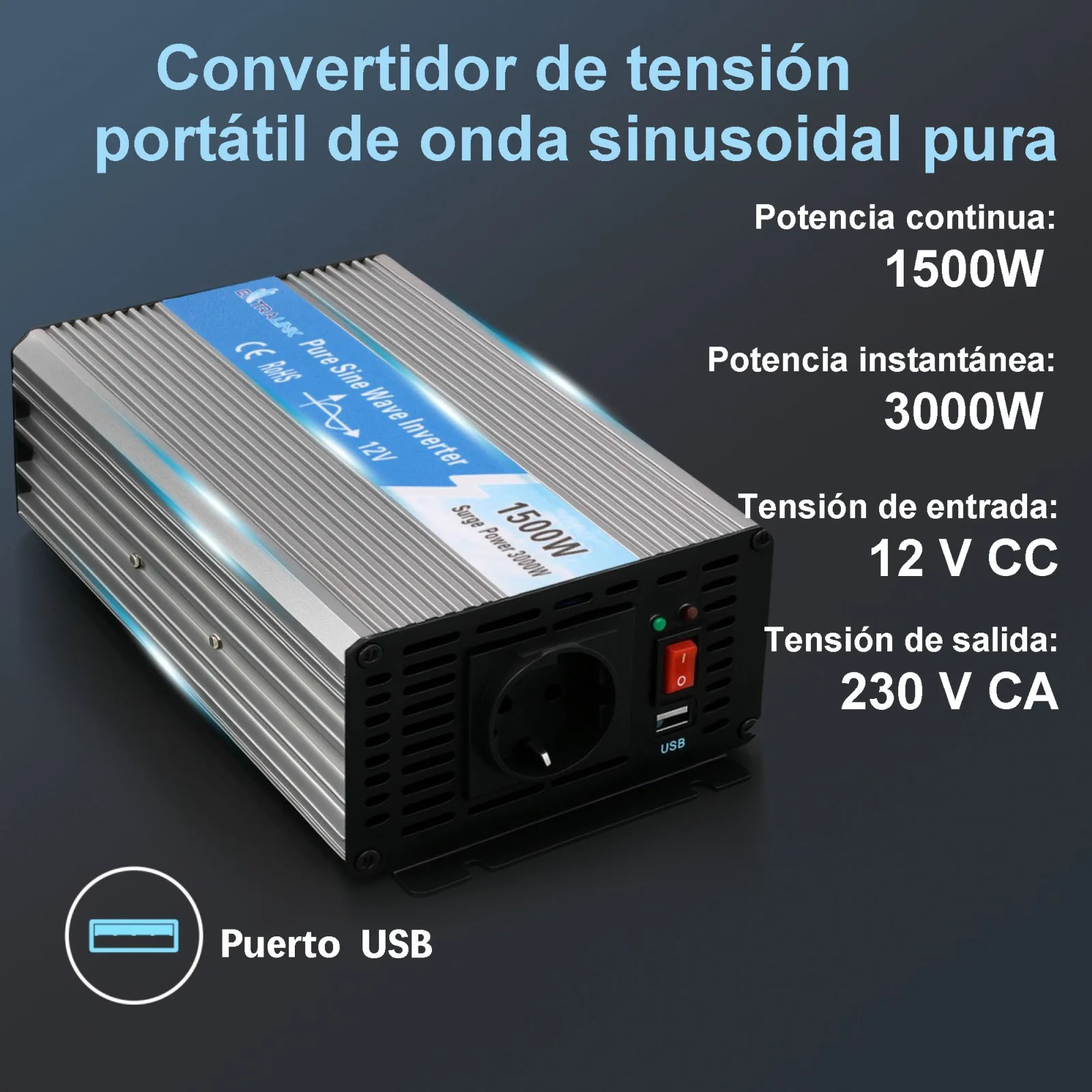 CONVERTIDOR DE TENSIÓN EXTRALINK 12V - 230V, 1500W, SINUSOIDAL PURO OPIP-1500W