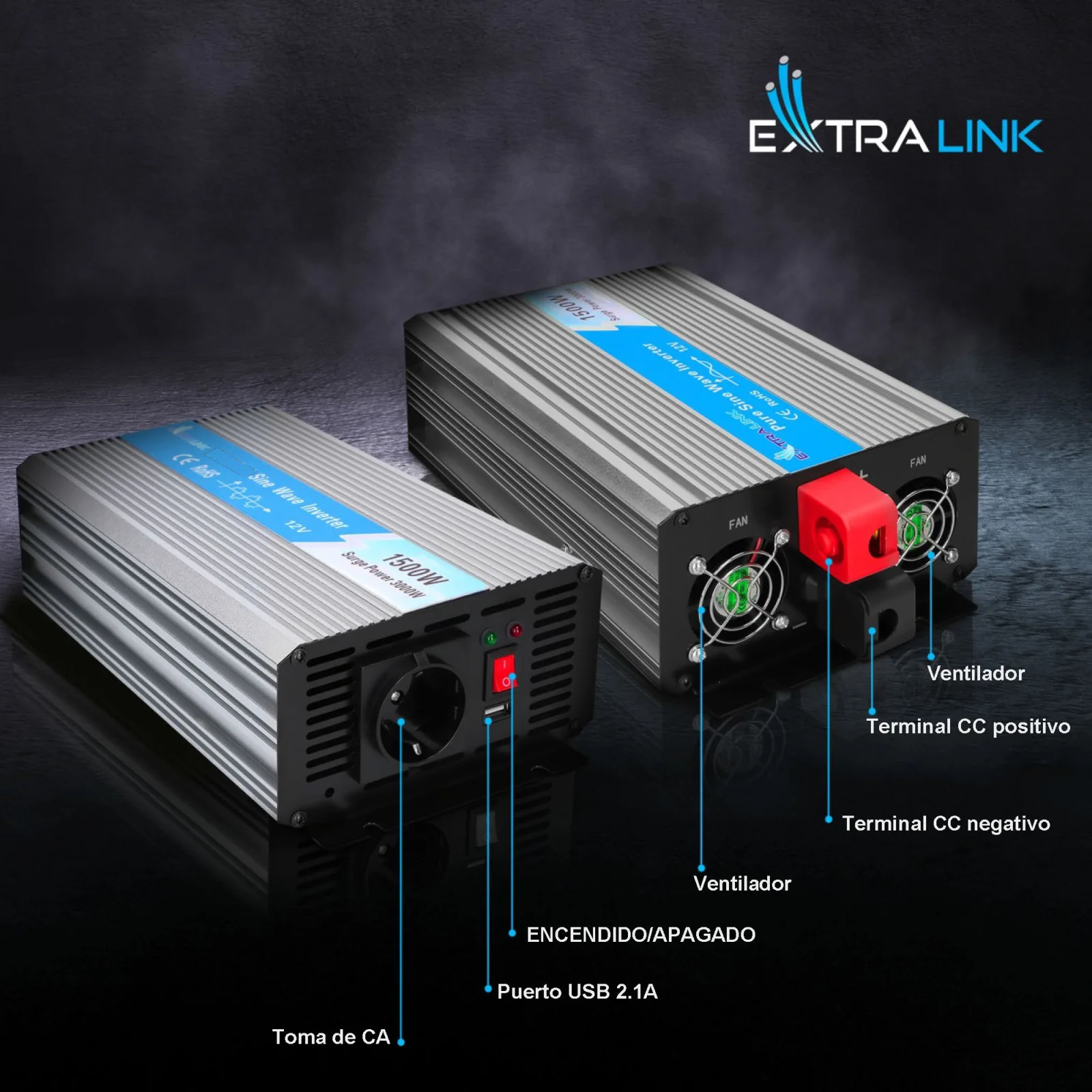 Extralink OPIP-1500W | Convertidor de tensión | automoción 12V, 1500W onda sinusoidal pura