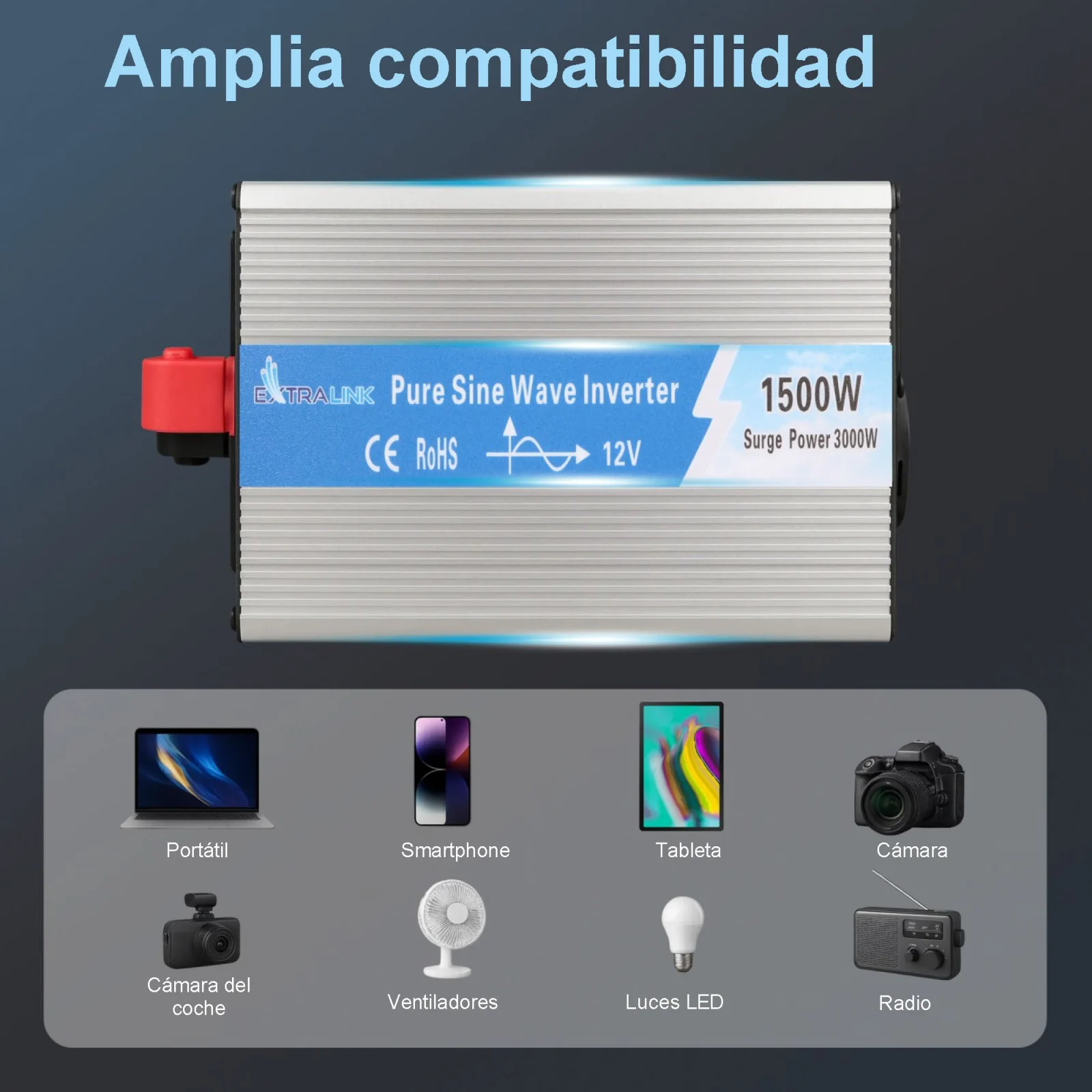 Extralink OPIP-1500W | Convertidor de tensión | automoción 12V, 1500W onda sinusoidal pura