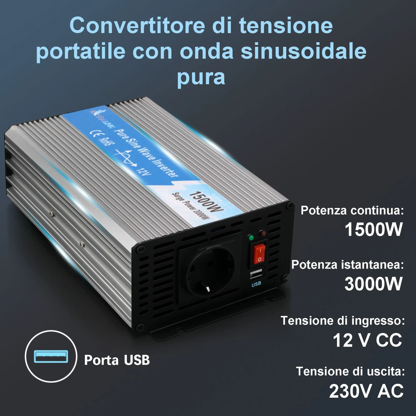 CONVERTITORE DI TENSIONE EXTRALINK 12V - 230V, 1500W, SINUS PURO OPIP-1500W