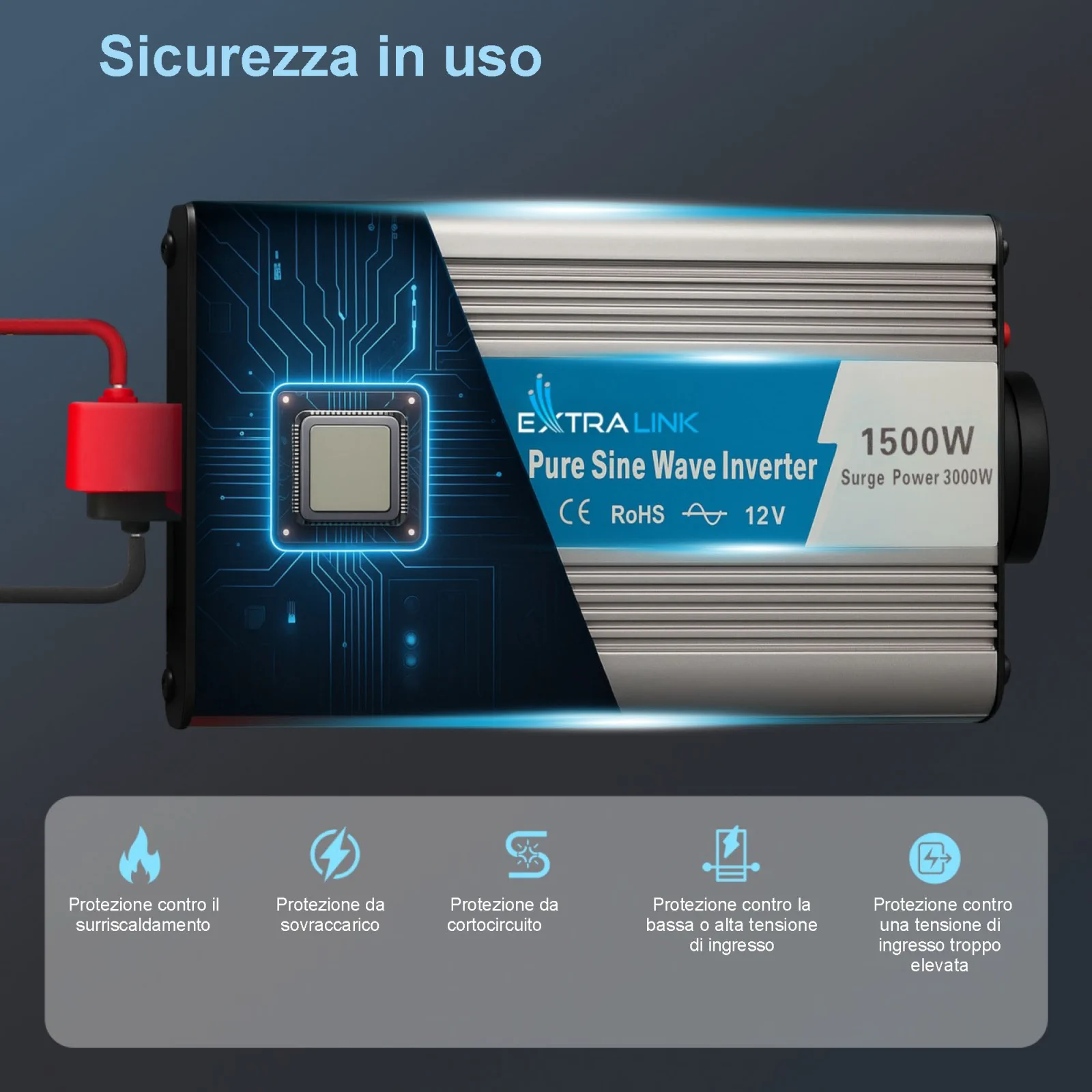 CONVERTITORE DI TENSIONE EXTRALINK 12V - 230V, 1500W, SINUS PURO OPIP-1500W