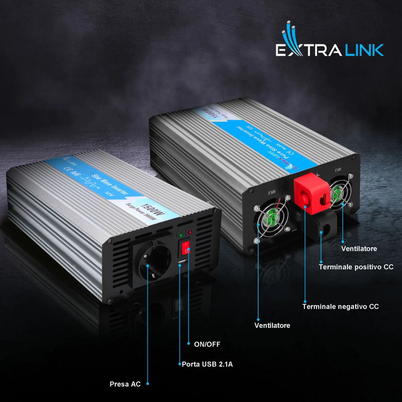 Extralink OPIP-1500W | Convertitore di tensione | automotive 12V, 1500W onda sinusoidale pura