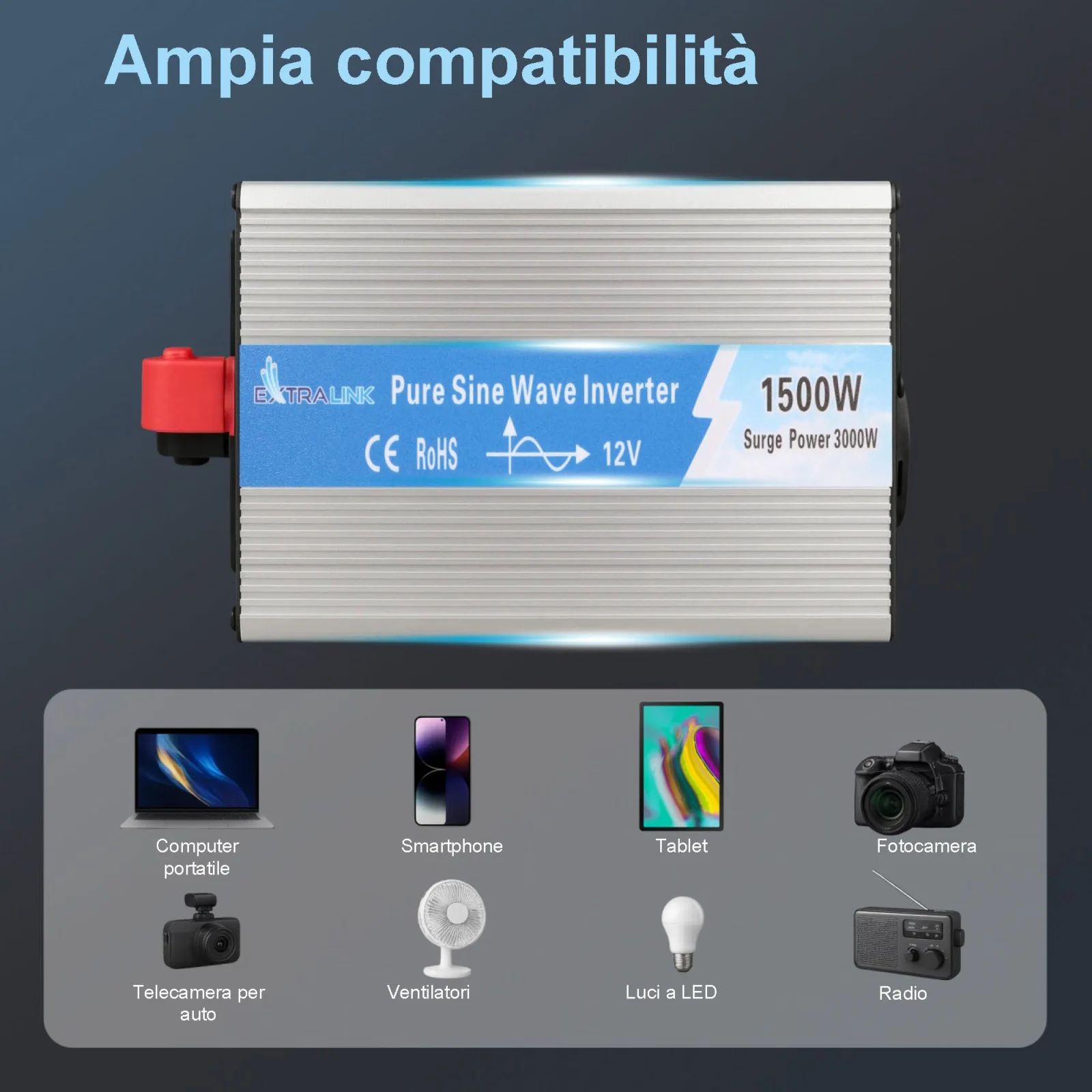 Extralink OPIP-1500W | Convertitore di tensione | automotive 12V, 1500W onda sinusoidale pura