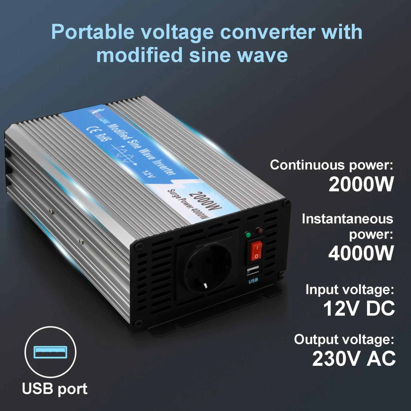 EXTRALINK VOLTAGE CONVERTER 12V - 230V, 2000W, MODIFIED SINE OPIM-2000W