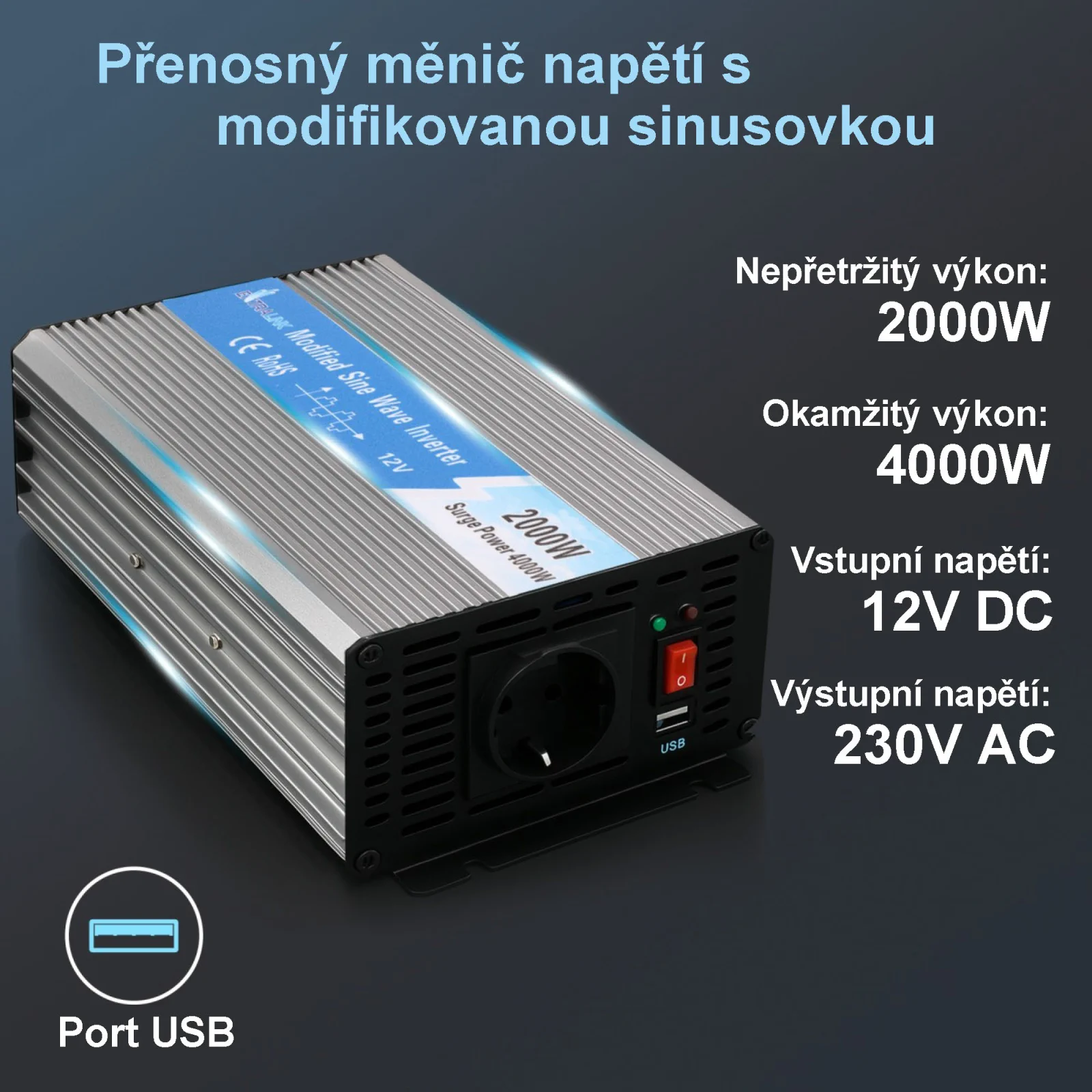 EXTRALINK MĚNIČ NAPĚTÍ 12V - 230V, 2000W, MODIFIKOVANÁ SINUSOVKA OPIM-2000W