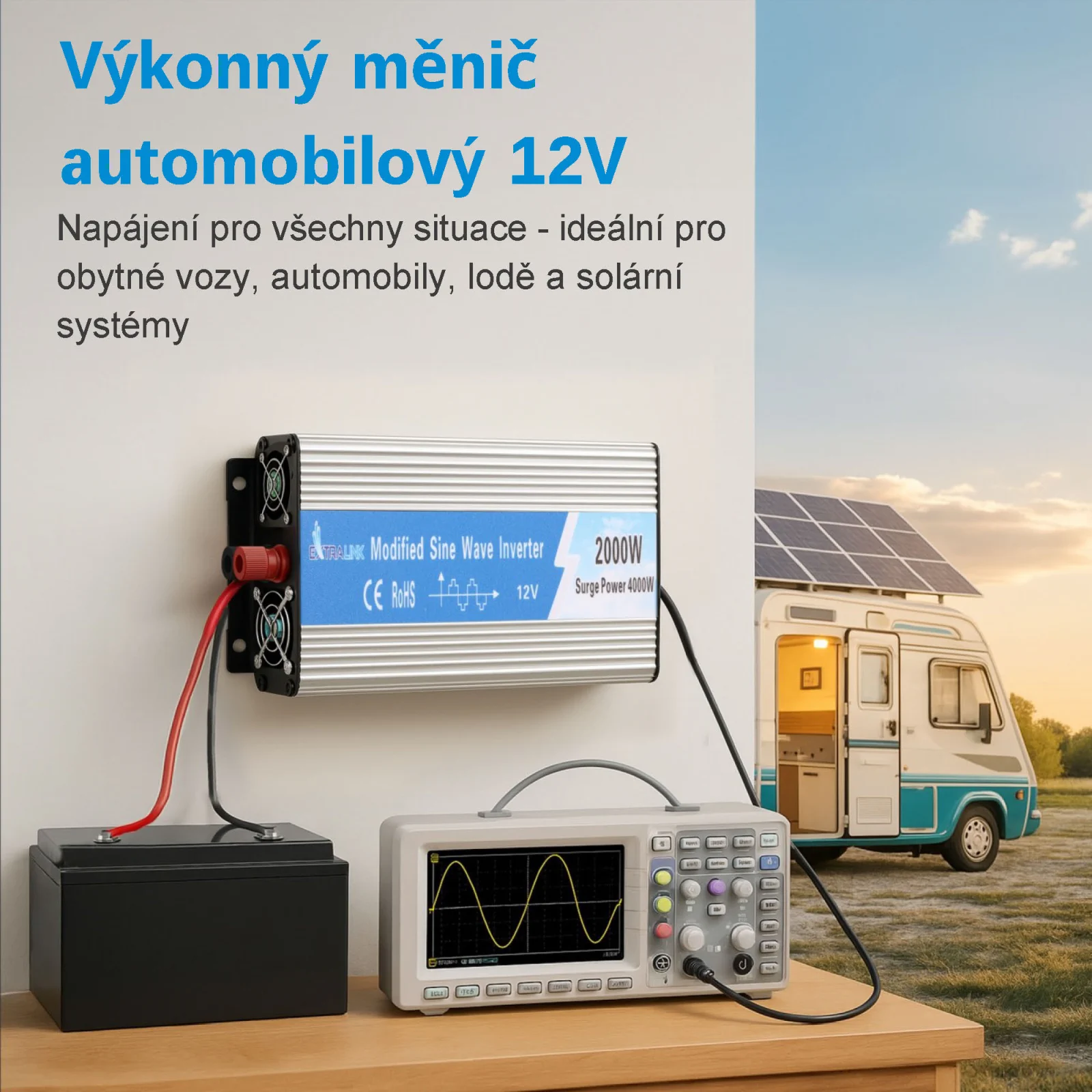 EXTRALINK MĚNIČ NAPĚTÍ 12V - 230V, 2000W, MODIFIKOVANÁ SINUSOVKA OPIM-2000W