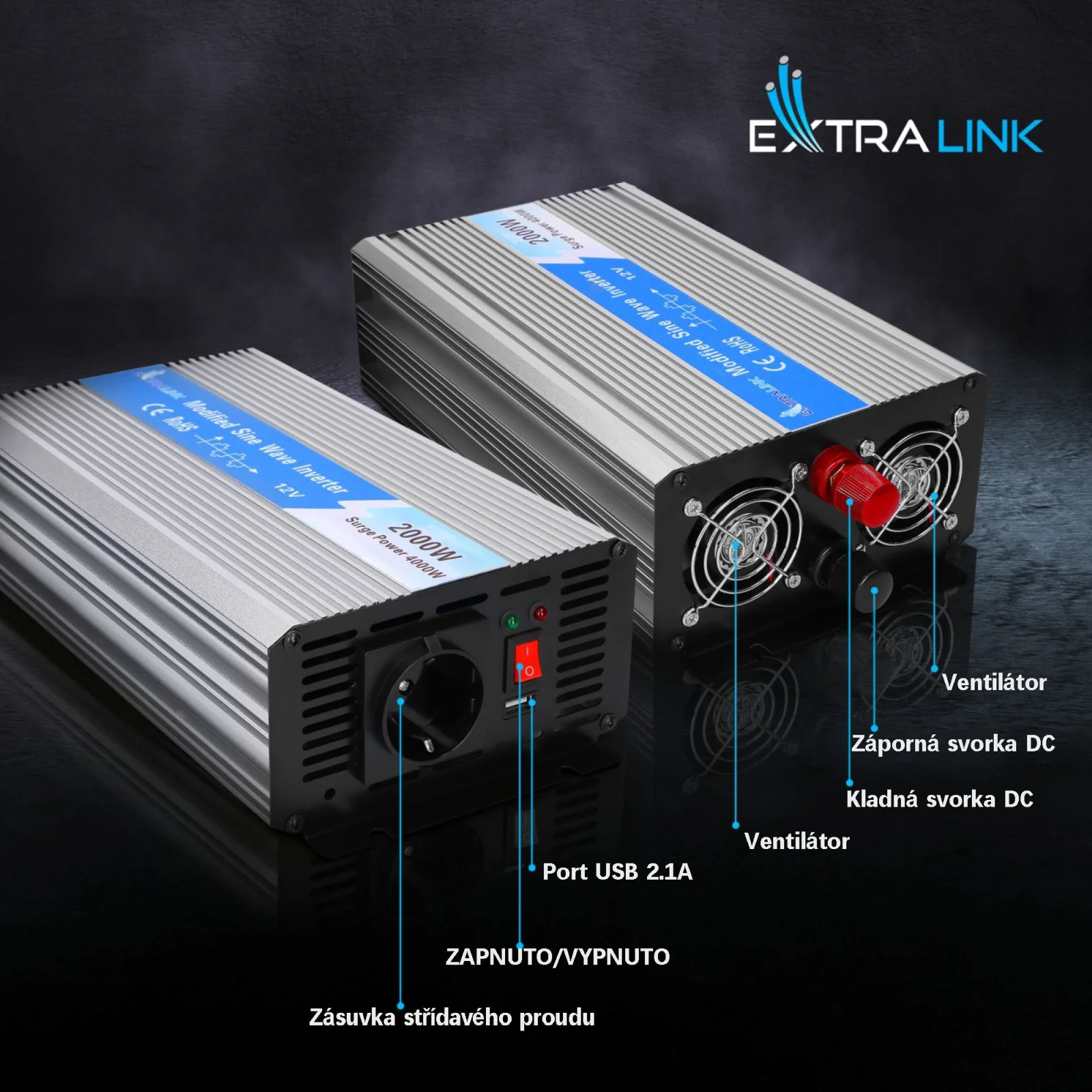 Extralink OPIM-2000W | Měnič napětí | automobilový 12V, 2000W modifikovaná sinusovka