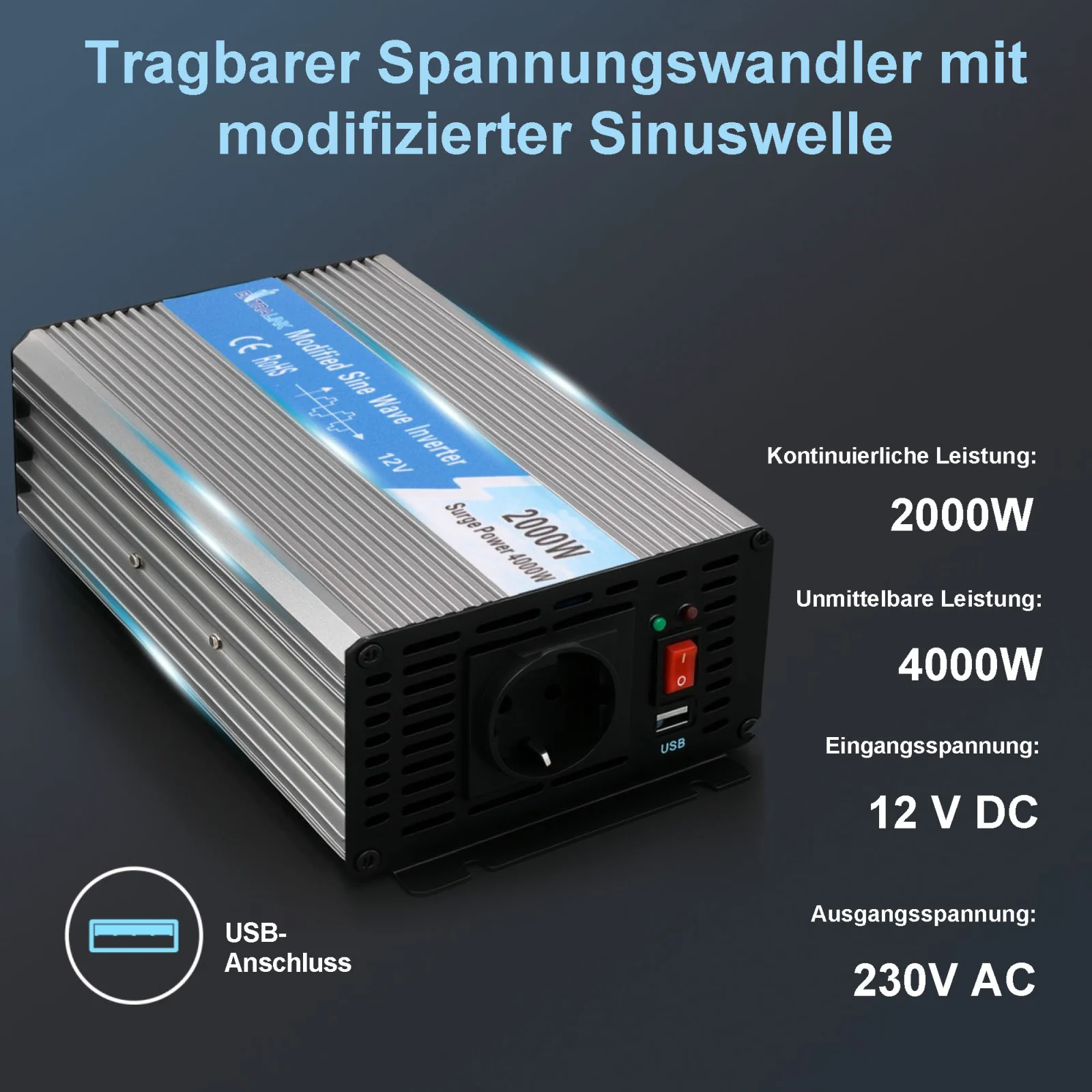 EXTRALINK SPANNUNGSWANDLER 12V - 230V, 2000W, MODIFIZIERTER SINUS OPIM-2000W