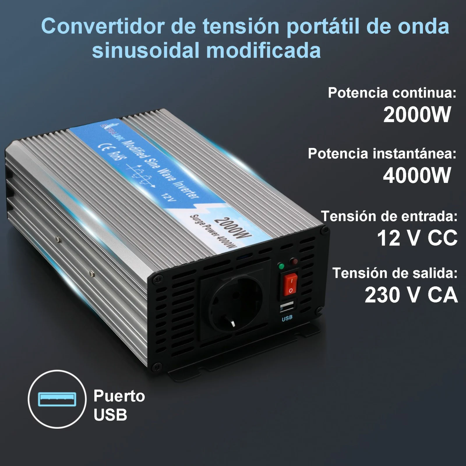 CONVERTIDOR DE TENSIÓN EXTRALINK 12V - 230V, 2000W, SINUSOIDAL MODIFICADO OPIM-2000W