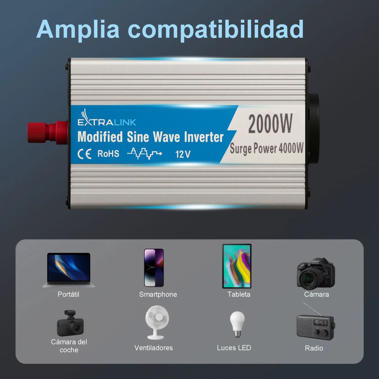 Extralink OPIM-2000W | Convertidor de tensión | automoción 12V, 2000W onda sinusoidal modificada