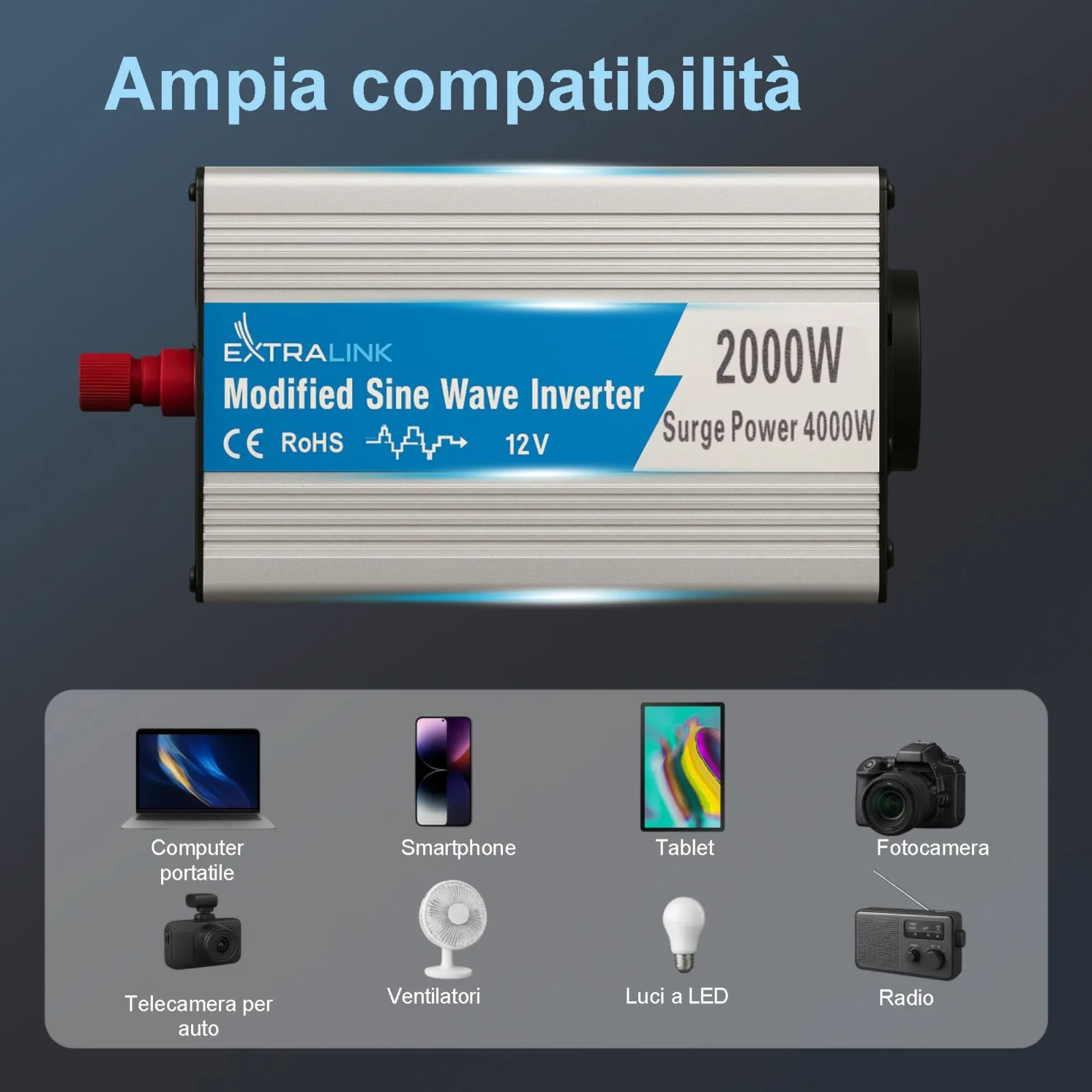 Extralink OPIM-2000W | Convertitore di tensione | automotive 12V, 2000W onda sinusoidale modificata