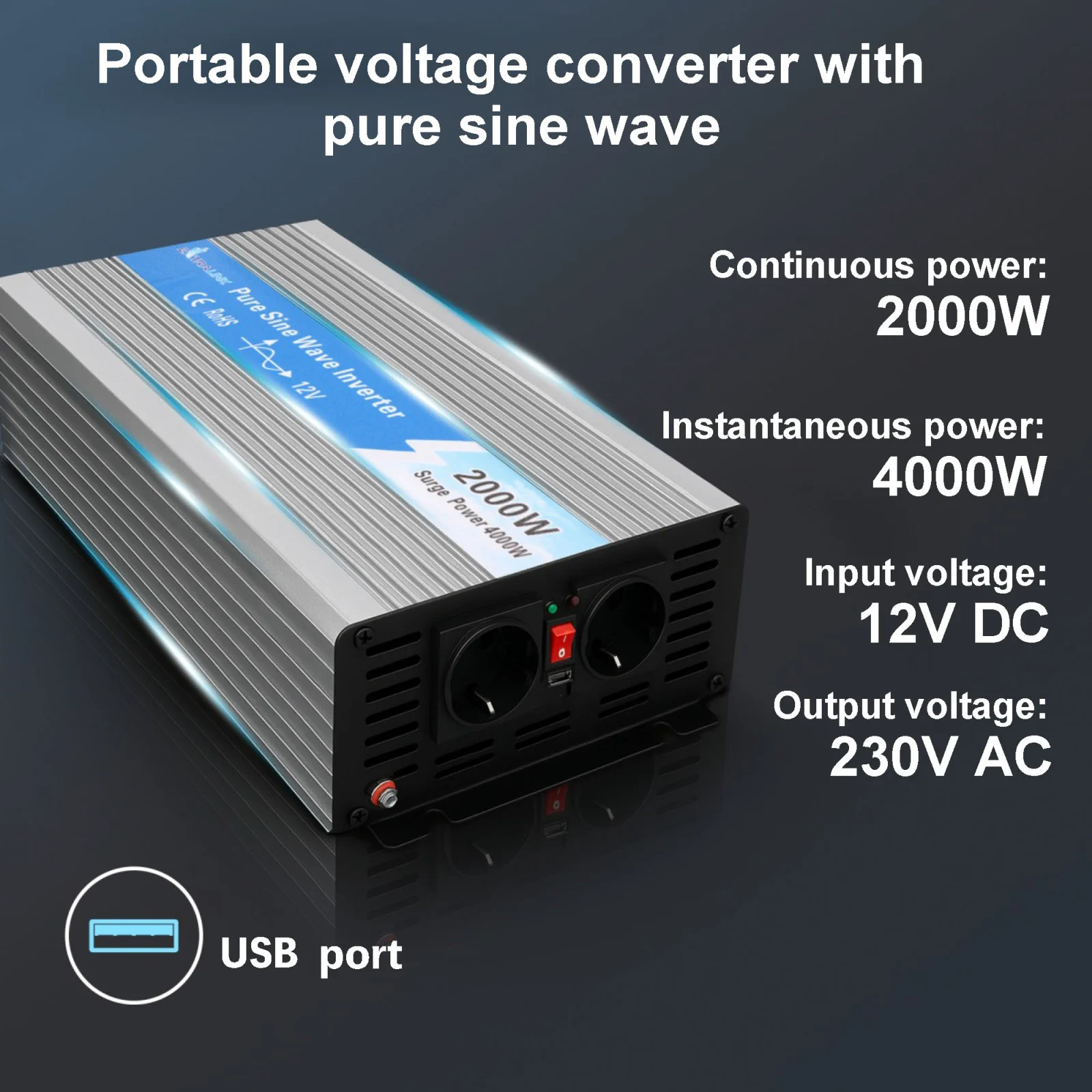CONVERTIDOR DE TENSIÓN EXTRALINK 12V - 230V, 2000W, SINUSOIDAL PURO OPIP-2000W
