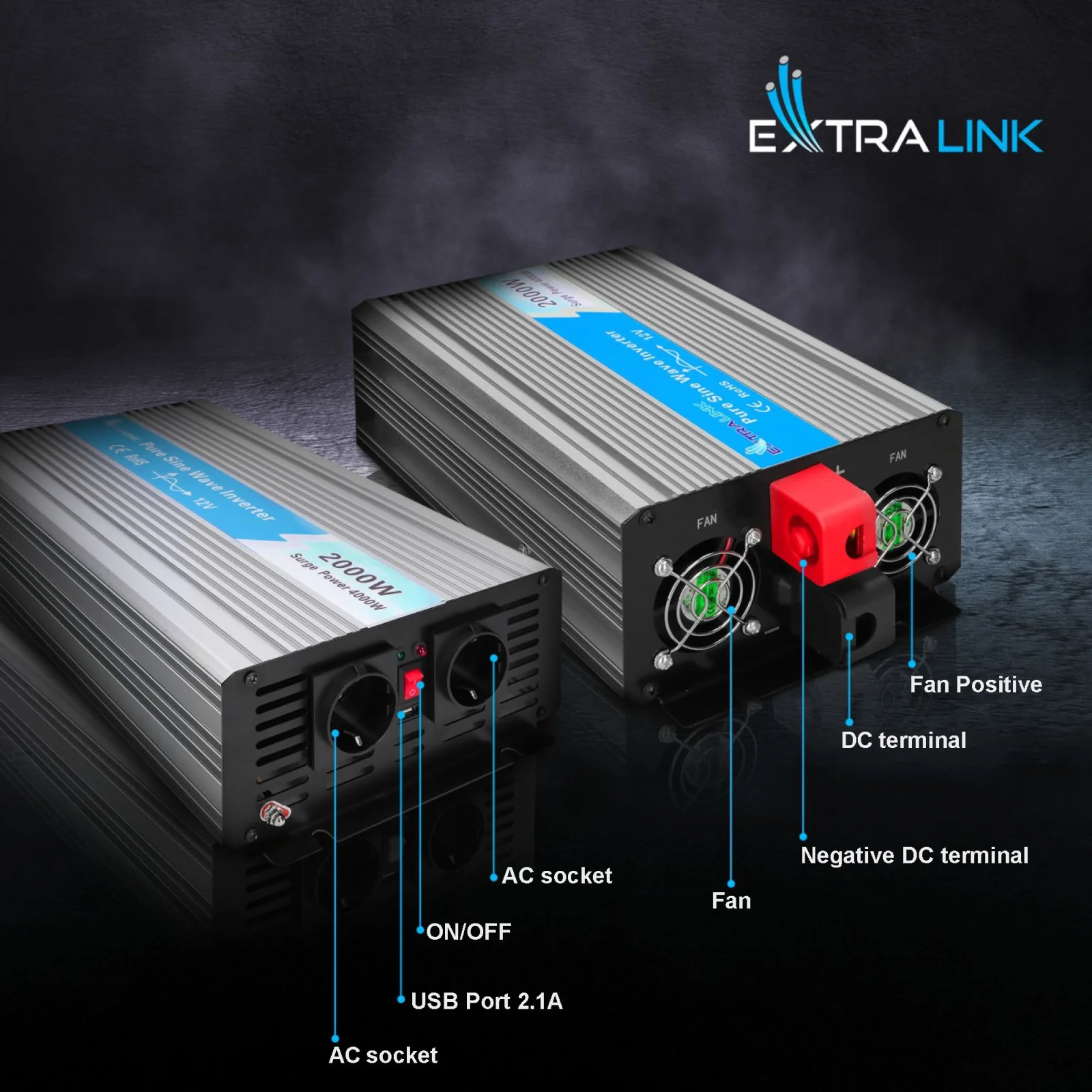 Extralink OPIP-2000W | Convertidor de tensión | automoción 12V, 2000W onda sinusoidal pura