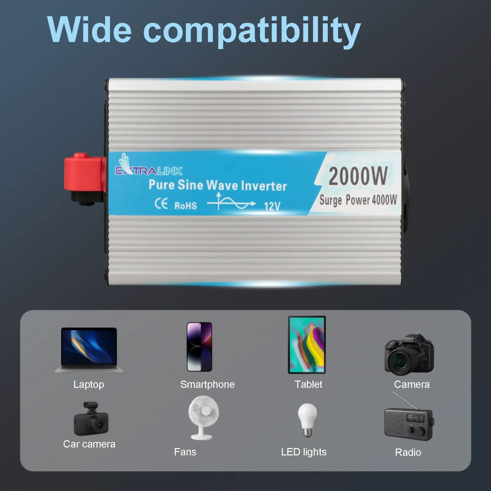 Extralink OPIP-2000W | Convertidor de tensión | automoción 12V, 2000W onda sinusoidal pura