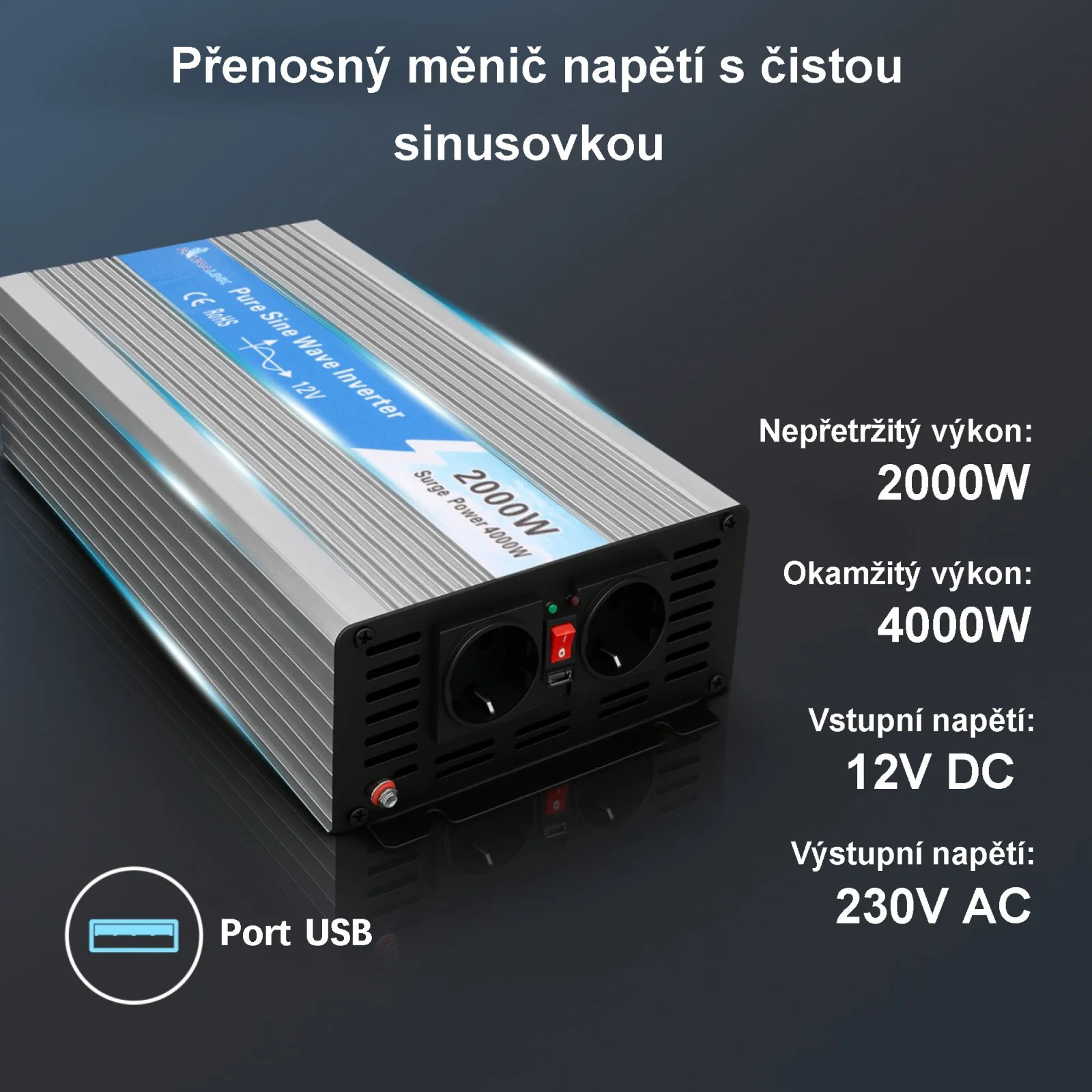 EXTRALINK MĚNIČ NAPĚTÍ 12V - 230V, 2000W, PURE SINUS OPIP-2000W