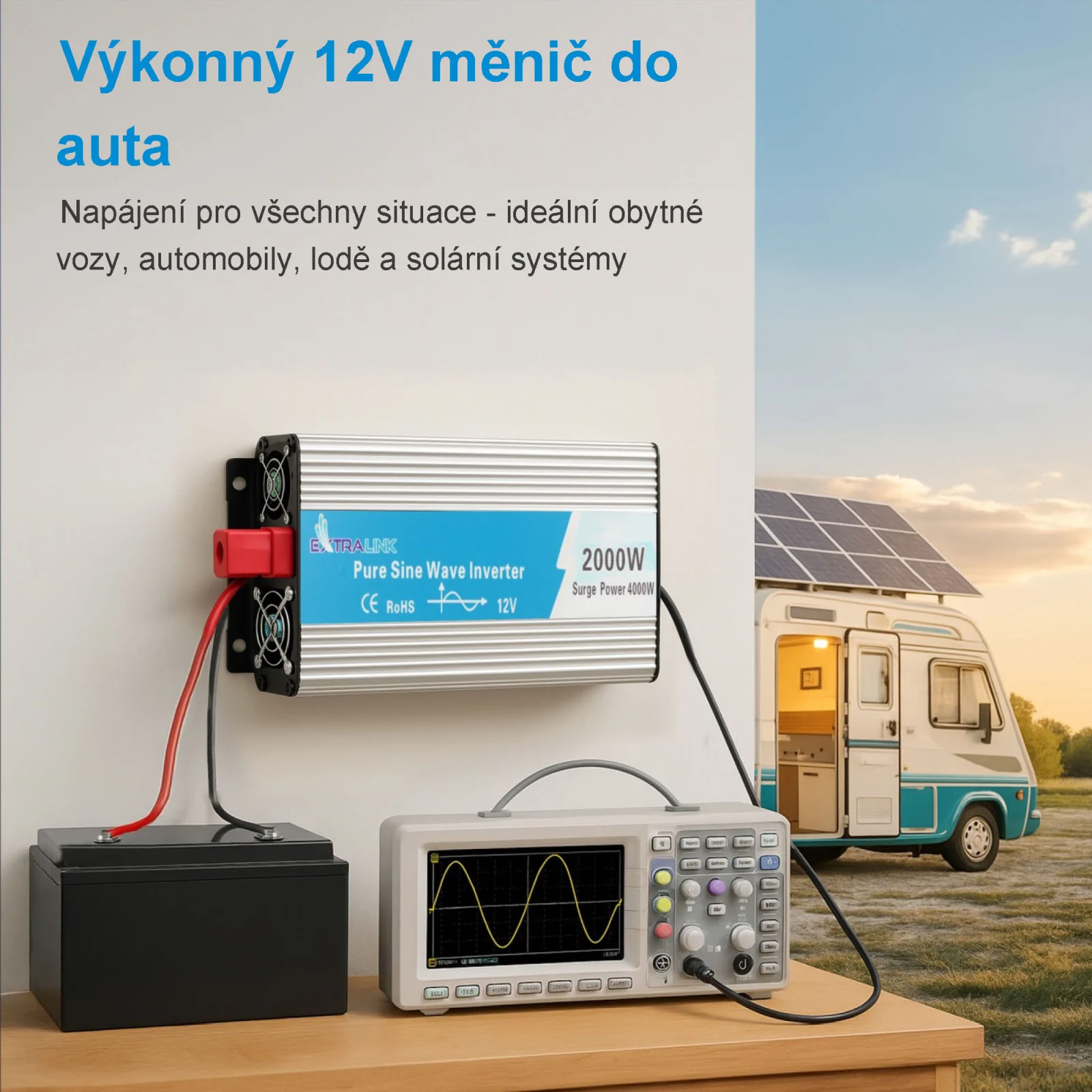 EXTRALINK MĚNIČ NAPĚTÍ 12V - 230V, 2000W, PURE SINUS OPIP-2000W