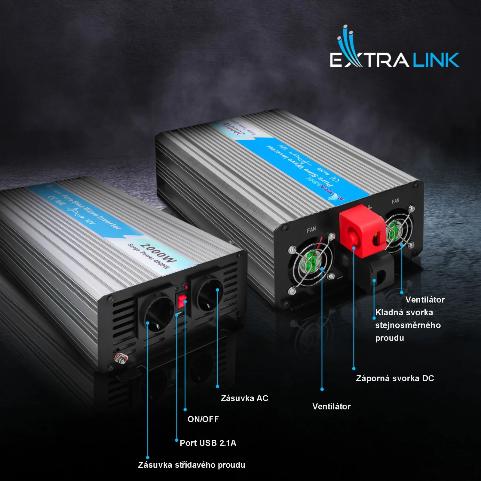 Extralink OPIP-2000W | Měnič napětí | automobilový 12V, 2000W čistá sinusovka