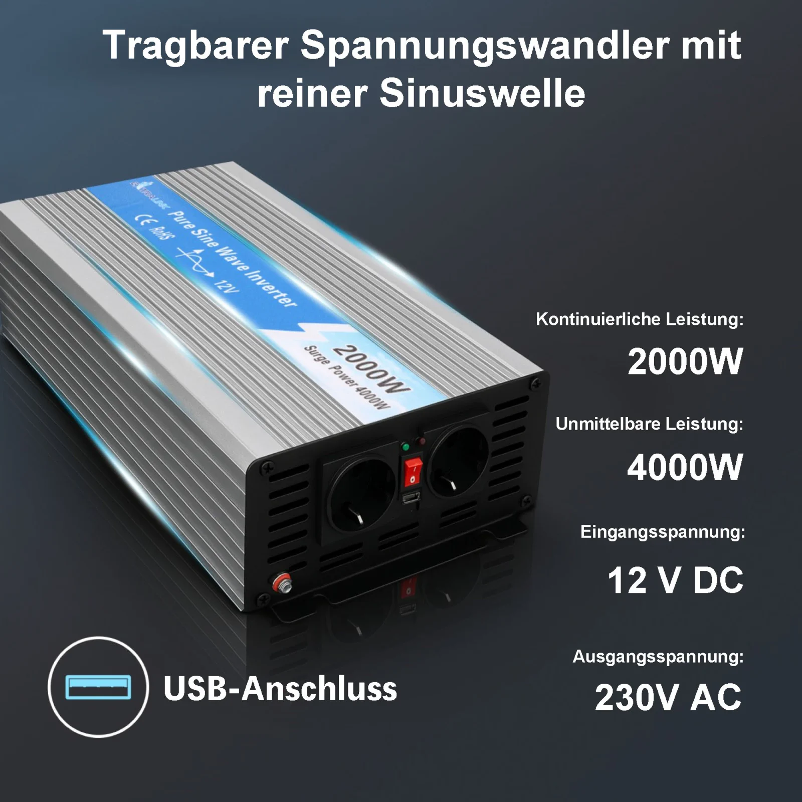 EXTRALINK SPANNUNGSWANDLER 12V - 230V, 2000W, REINER SINUS OPIP-2000W