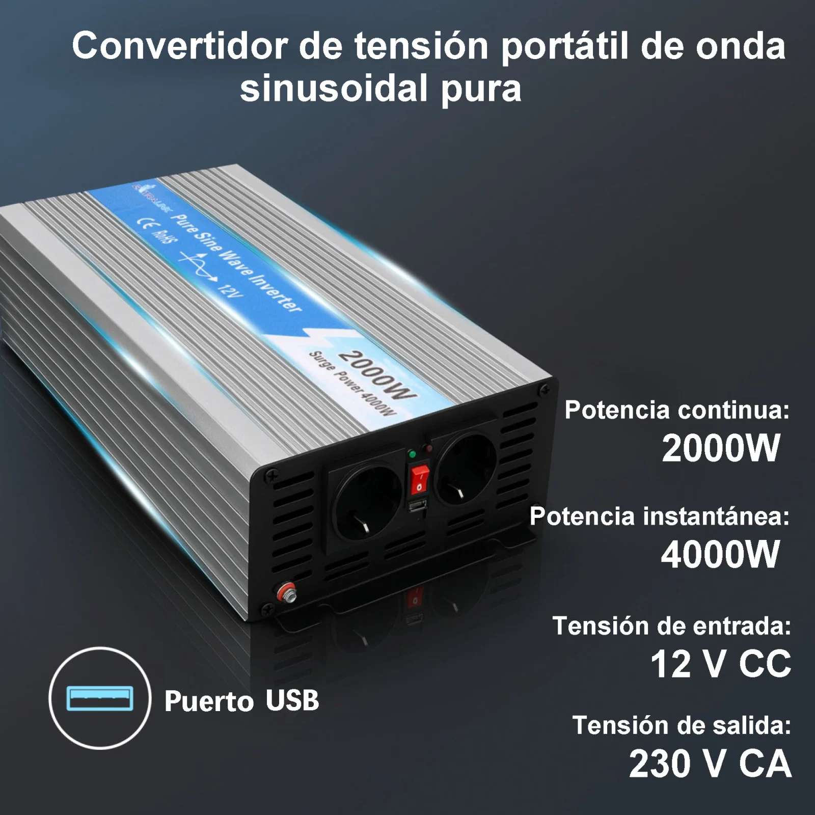 CONVERTIDOR DE TENSIÓN EXTRALINK 12V - 230V, 2000W, SINUSOIDAL PURO OPIP-2000W