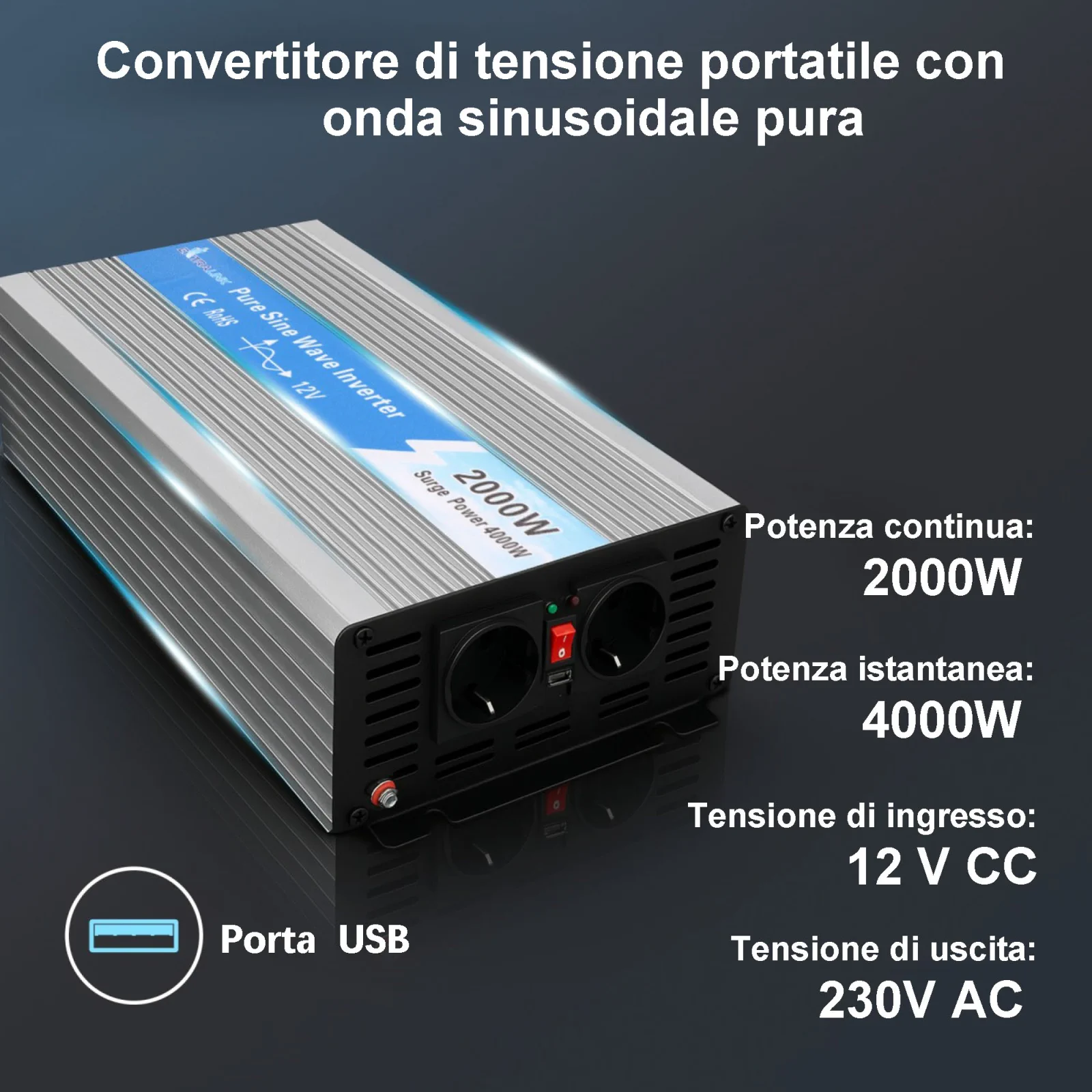 CONVERTITORE DI TENSIONE EXTRALINK 12V - 230V, 2000W, SINUS PURO OPIP-2000W