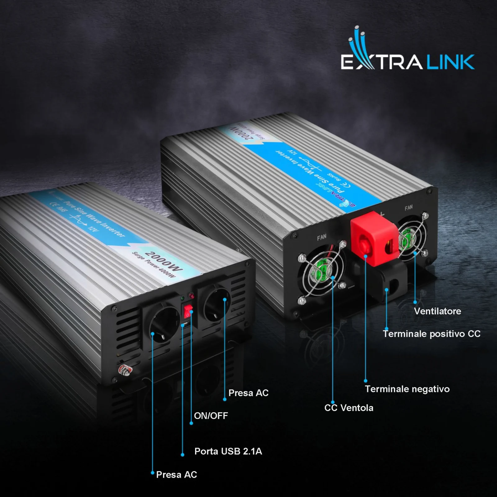Extralink OPIP-2000W | Convertitore di tensione | automotive 12V, 2000W onda sinusoidale pura