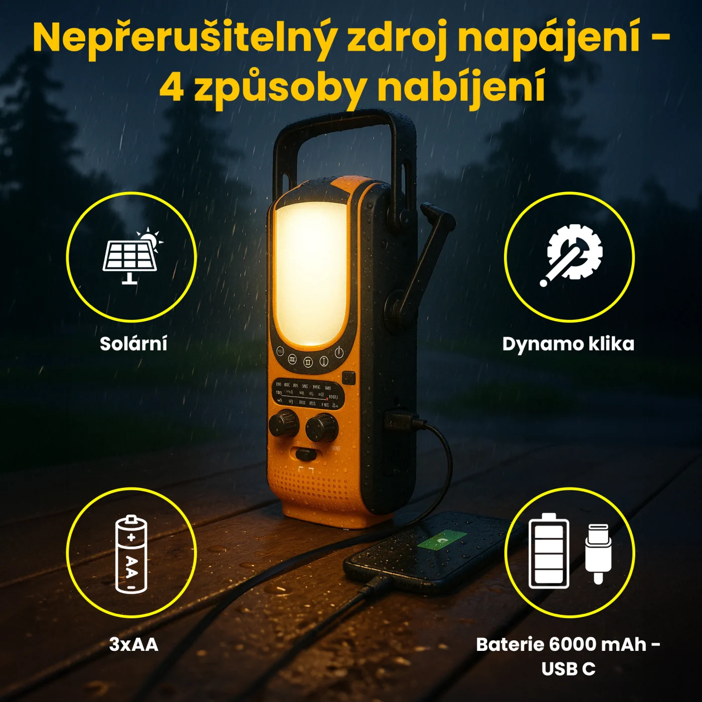 EXTRALINK SOL&Aacute;RN&Iacute; NOUZOV&Eacute; R&Aacute;DIO DYNAMO POWERBANK 6000MAH S BATERKOU SOS