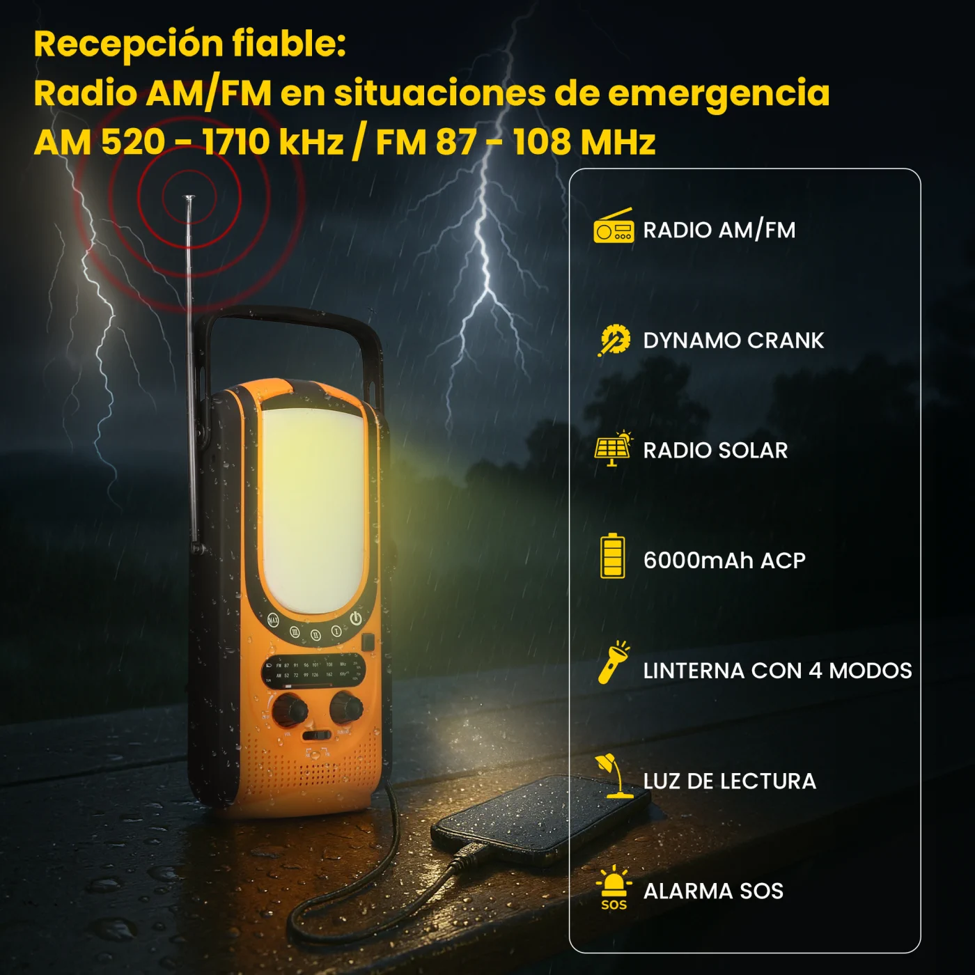 EXTRALINK SOLAR DE EMERGENCIA MANIVELA RADIO DINAMO POWERBANK 6000MAH CON LINTERNA SOS
