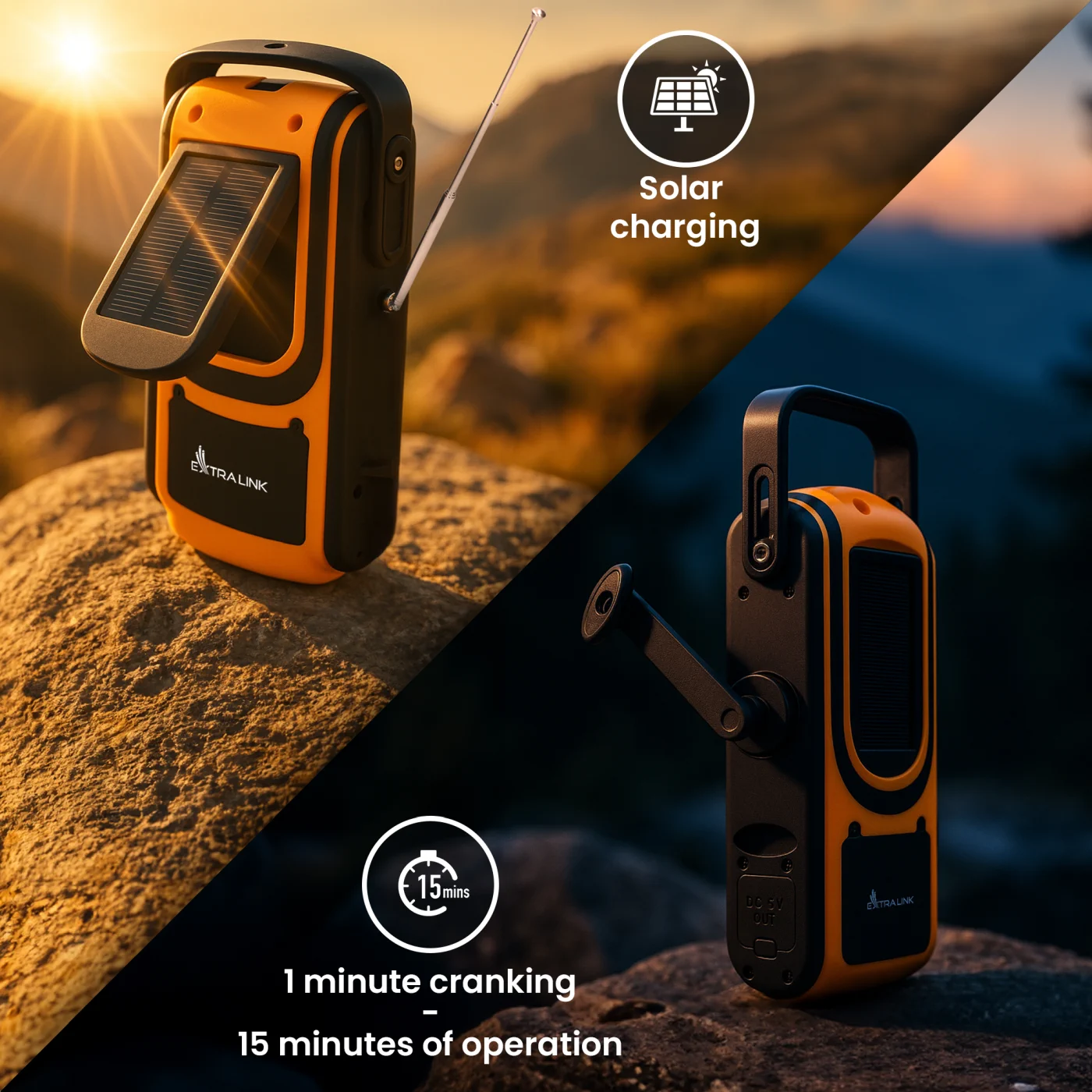 EXTRALINK SOLAR DE EMERGENCIA MANIVELA RADIO DINAMO POWERBANK 6000MAH CON LINTERNA SOS