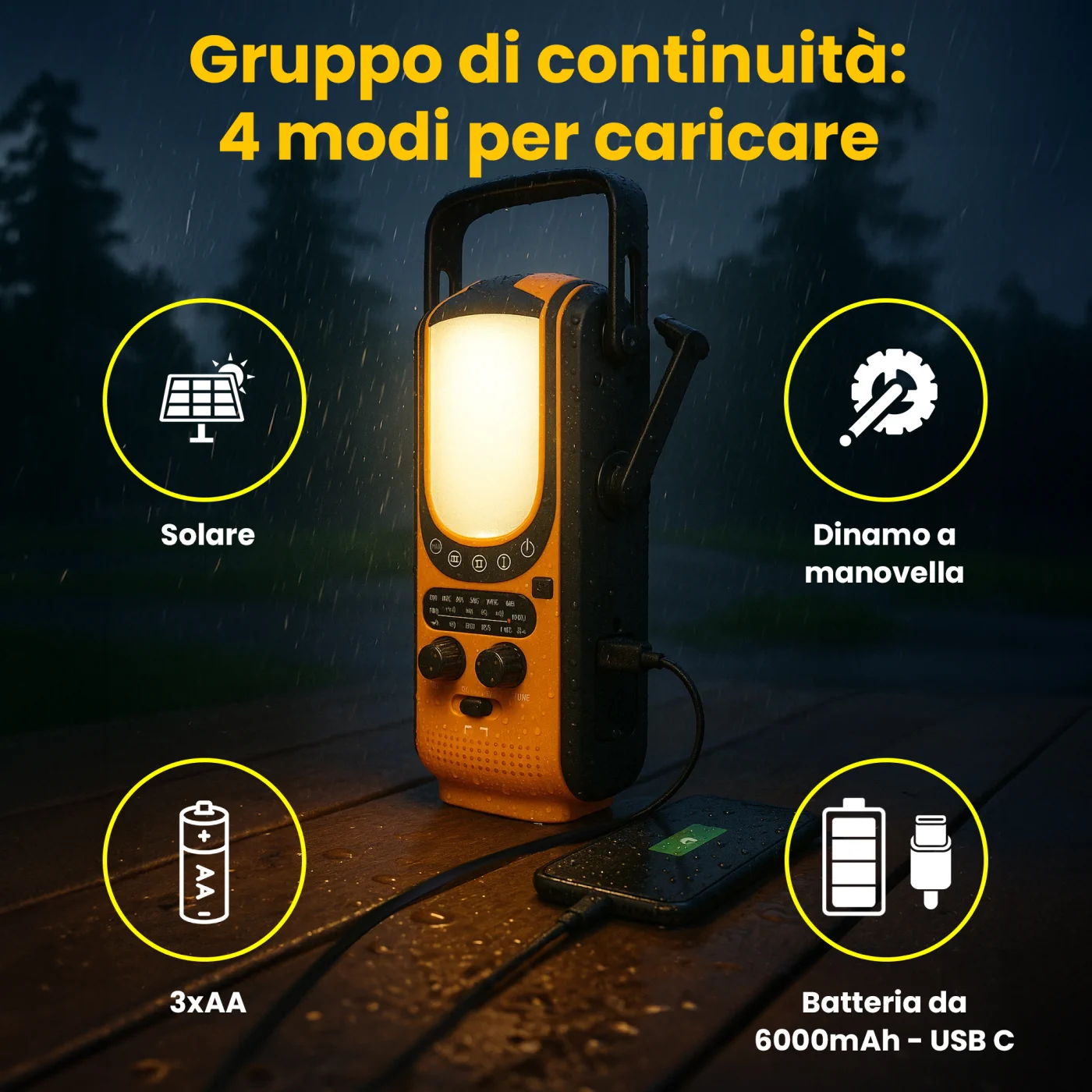 EXTRALINK SOLARE DI EMERGENZA A MANOVELLA RADIO DINAMO POWERBANK 6000MAH CON TORCIA SOS