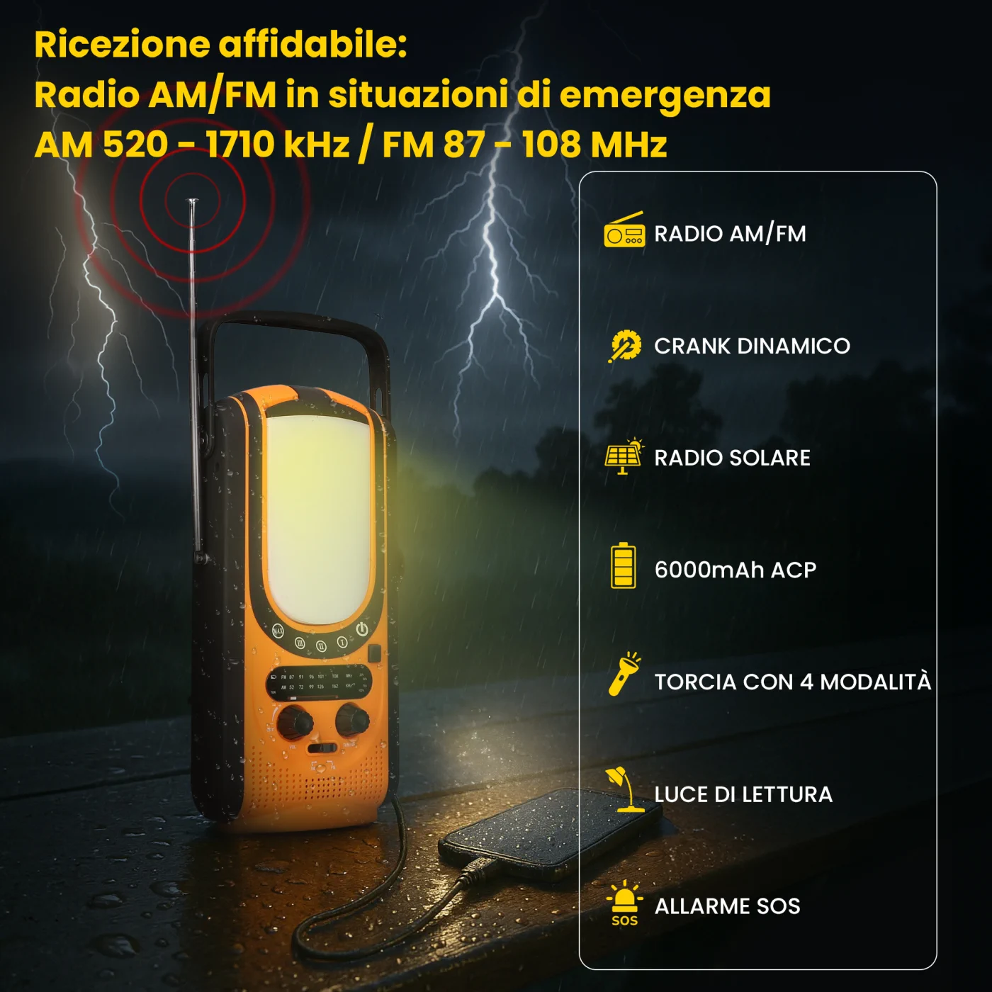 EXTRALINK SOLARE DI EMERGENZA A MANOVELLA RADIO DINAMO POWERBANK 6000MAH CON TORCIA SOS