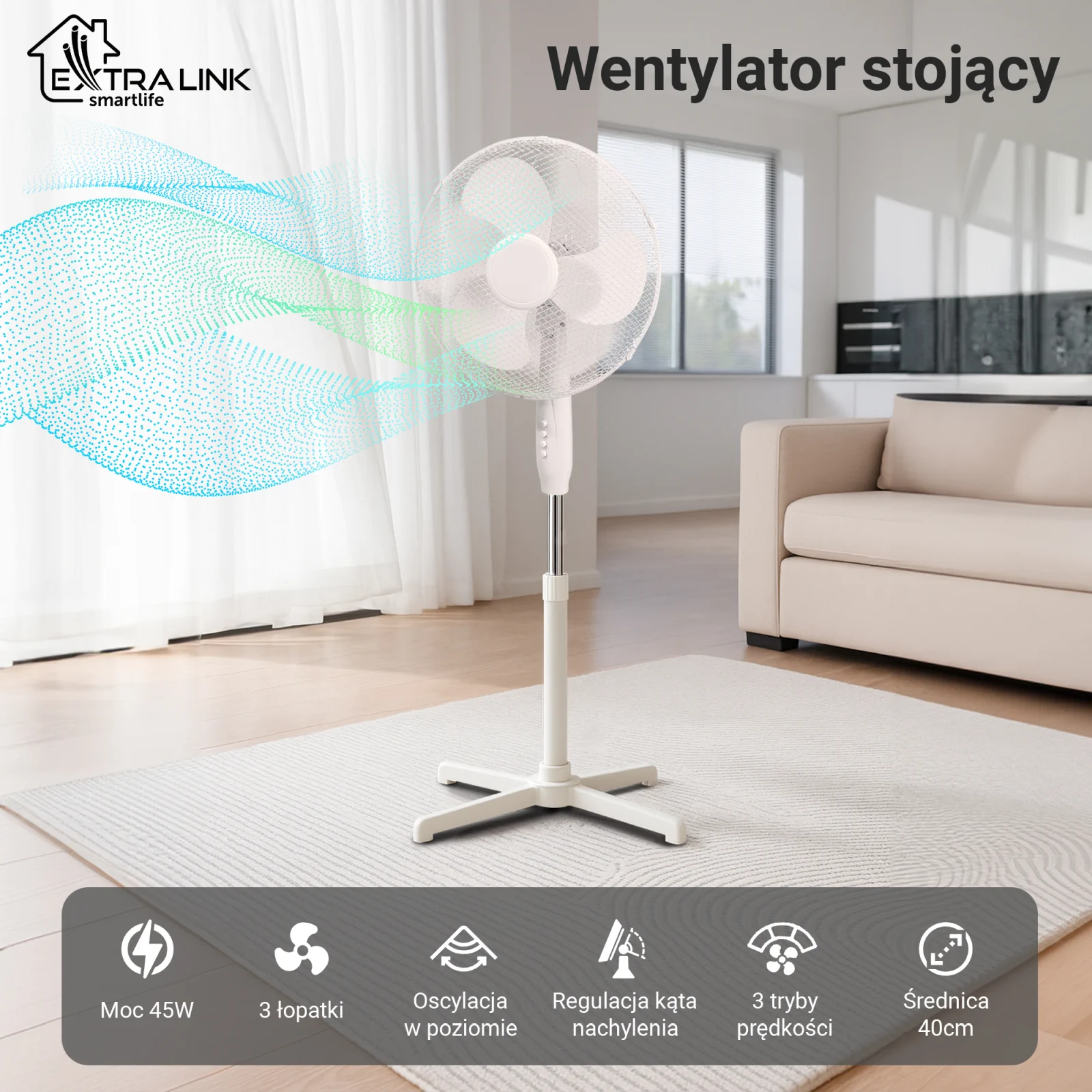 Extralink Breeze ESF-40D-WH Blanco | Ventilador de pie | 3 aspas, 3 velocidades