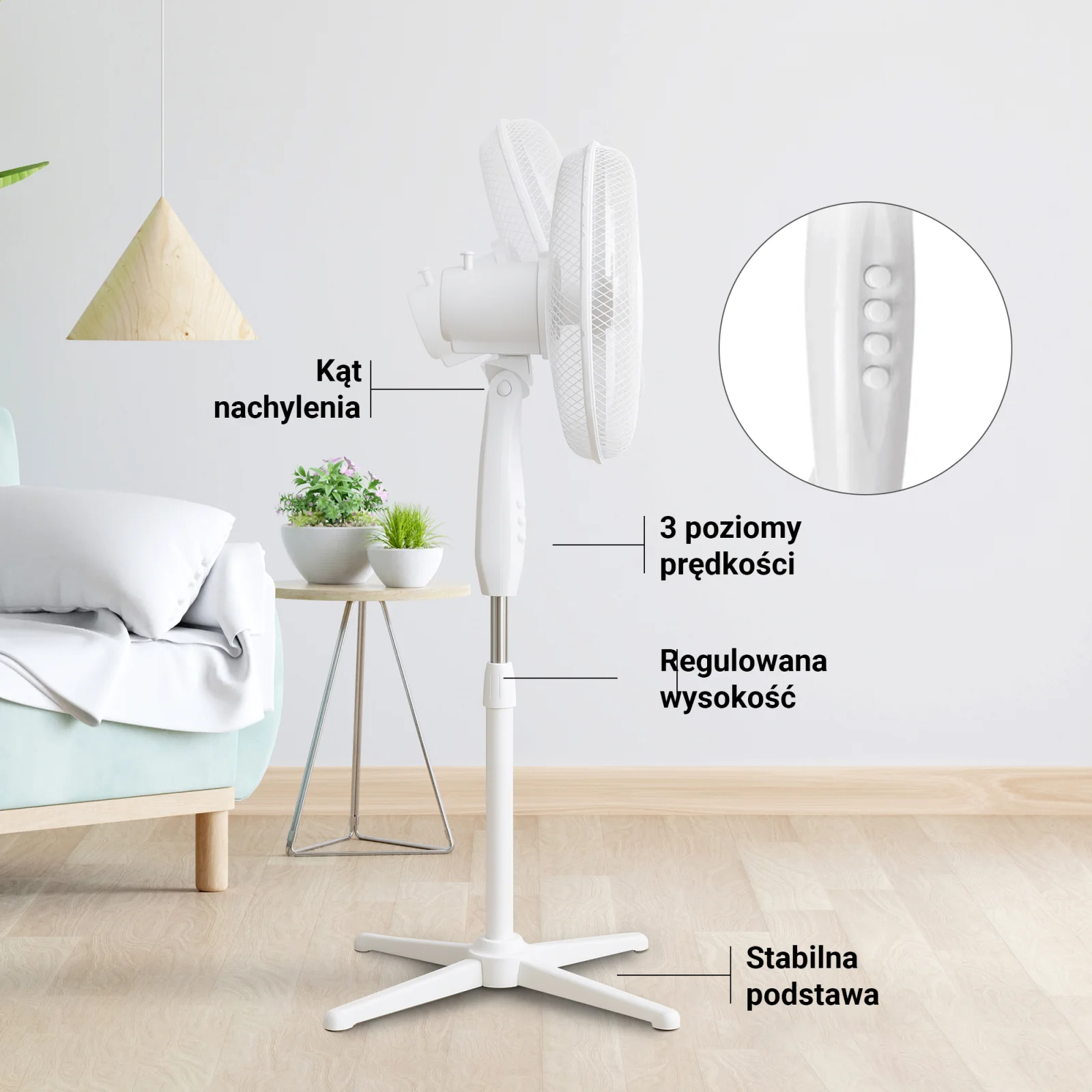 Extralink Breeze ESF-40D-WH Blanco | Ventilador de pie | 3 aspas, 3 velocidades