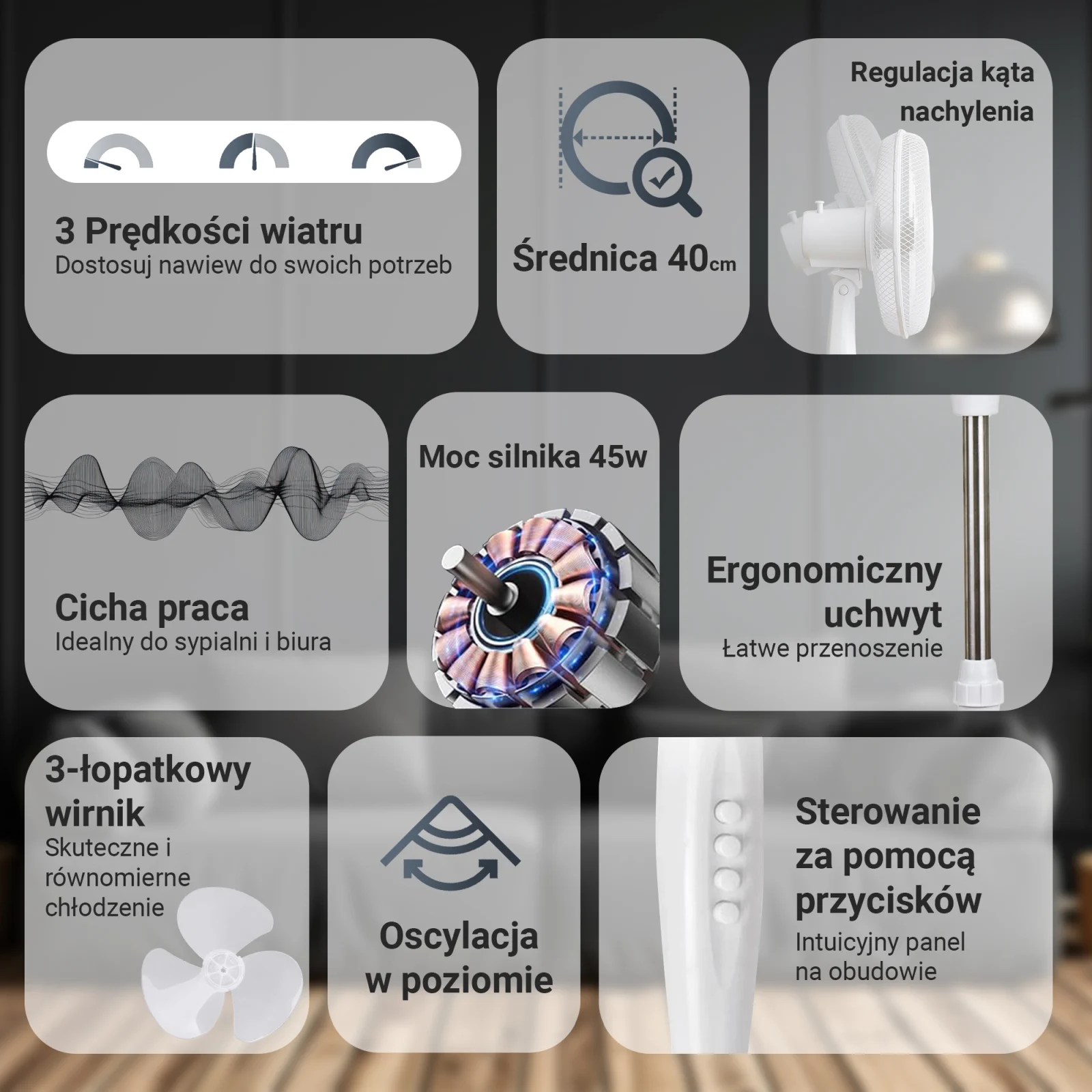 Extralink Breeze ESF-40D-WH Blanco | Ventilador de pie | 3 aspas, 3 velocidades