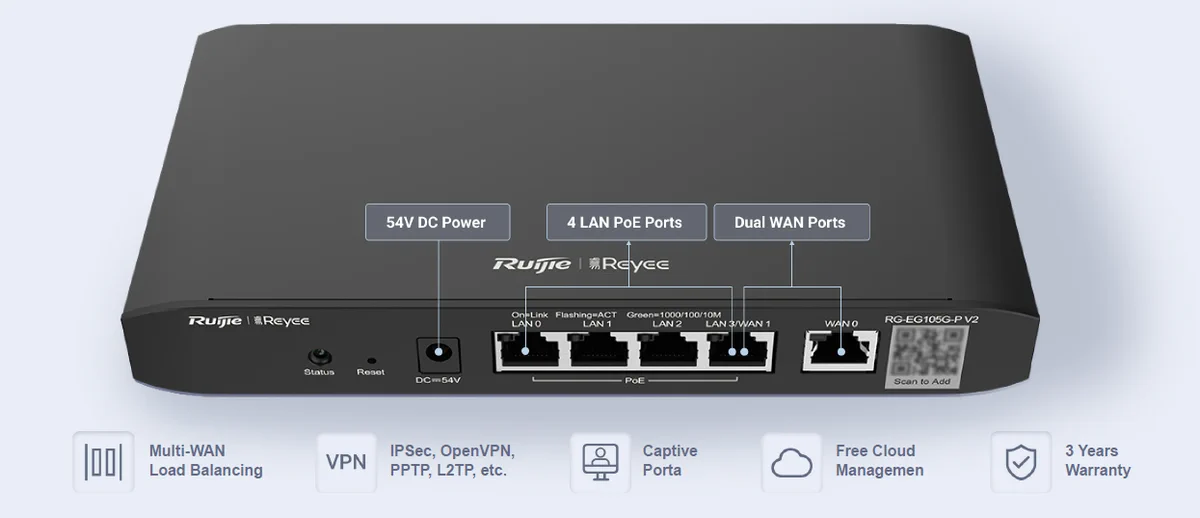 RUIJIE RG-EG105G-P V2 REYEE 5-PORT CLOUD MANAGED POE ROUTER, 5X GE, 4X POE+, 100 USERS, 600MBPS BANDWIDTH, 54W batna24