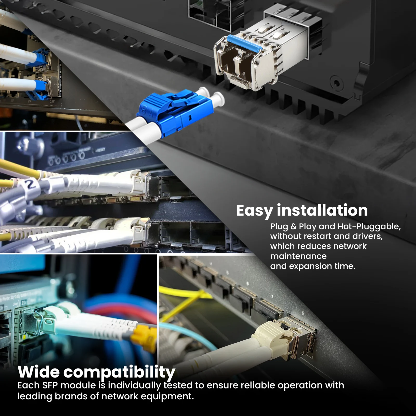 Kolaż zdjęć serwerowni/szafy rack z wieloma podłączonymi kablami i przełącznikami i modułami sfp extralink