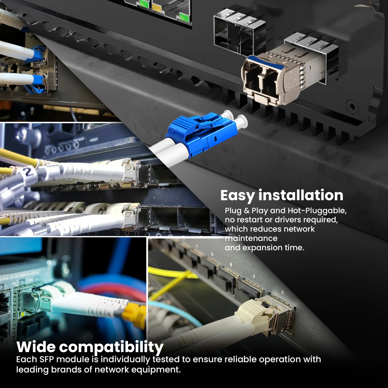 Kolaż zdjęć serwerowni/szafy rack z wieloma podłączonymi kablami i przełącznikami i modułami sfp extralink