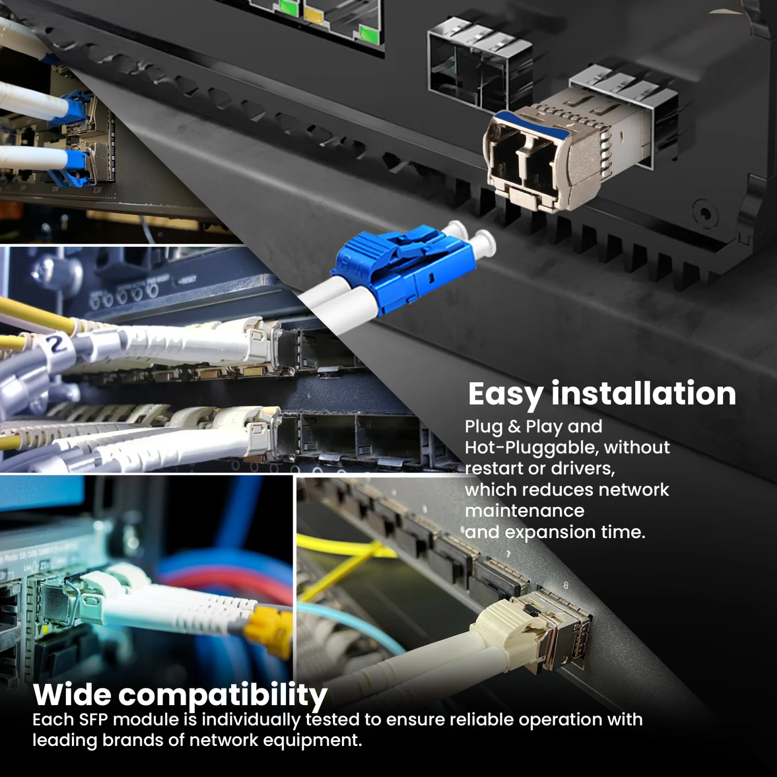 Kolaż zdjęć serwerowni/szafy rack z wieloma podłączonymi kablami i przełącznikami i modułami sfp extralink