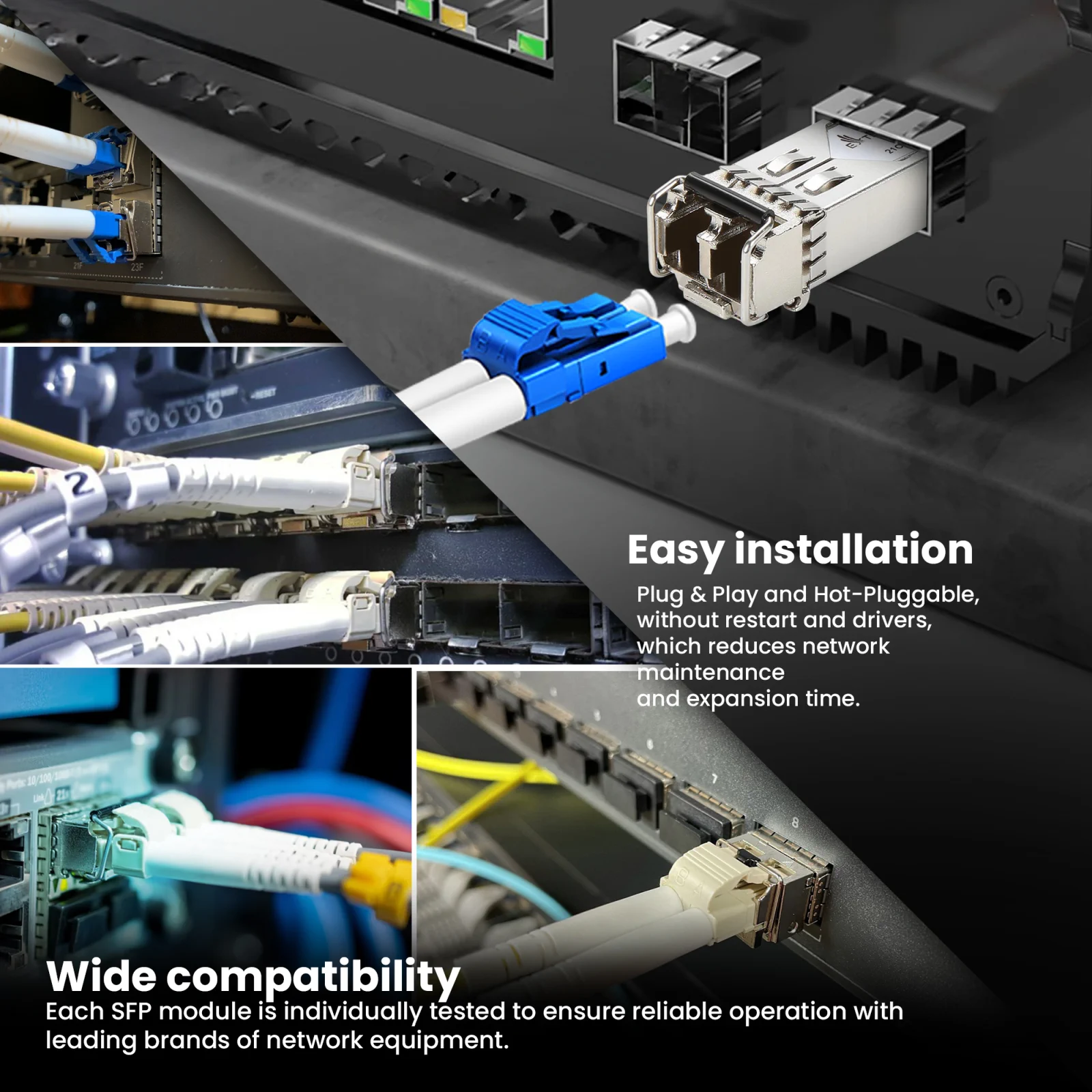 Kolaż zdjęć serwerowni/szafy rack z wieloma podłączonymi kablami i przełącznikami i modułami sfp extralink